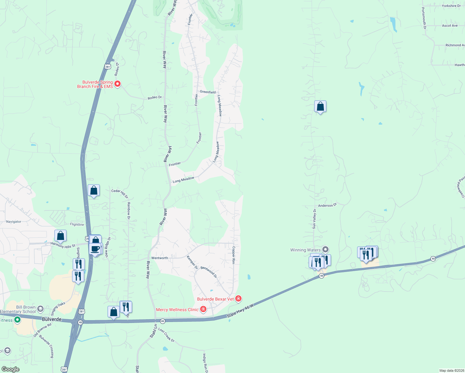 map of restaurants, bars, coffee shops, grocery stores, and more near 250 Misty Brook in Spring Branch