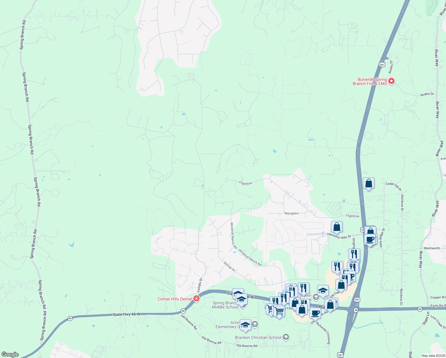 map of restaurants, bars, coffee shops, grocery stores, and more near 1476 Flightline in Spring Branch