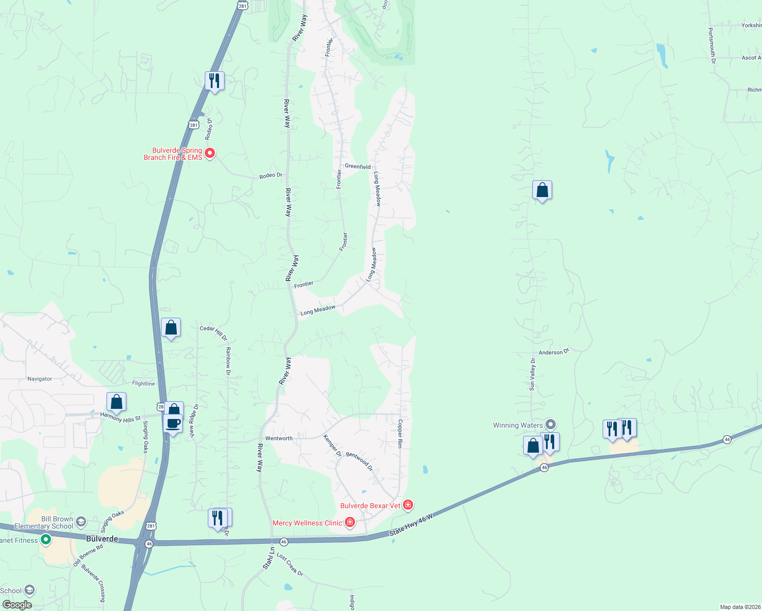 map of restaurants, bars, coffee shops, grocery stores, and more near 122 Misty Brook in Spring Branch