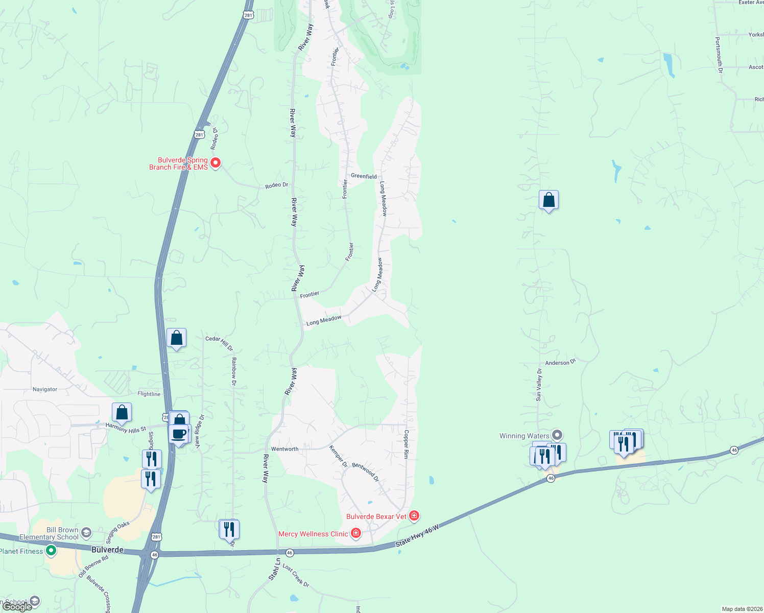 map of restaurants, bars, coffee shops, grocery stores, and more near 122 Misty Brook in Spring Branch