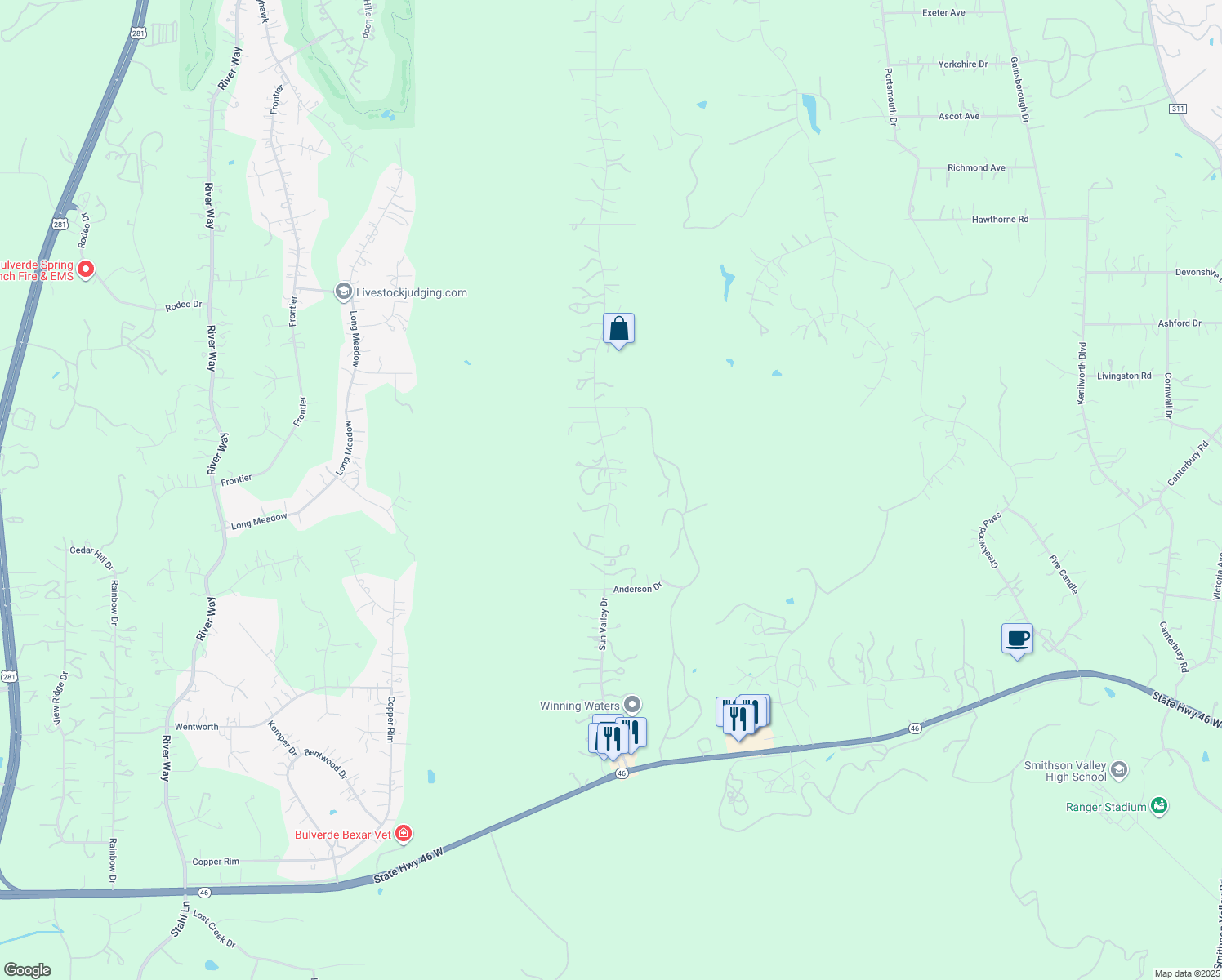 map of restaurants, bars, coffee shops, grocery stores, and more near 35 Sun Valley Drive in Spring Branch