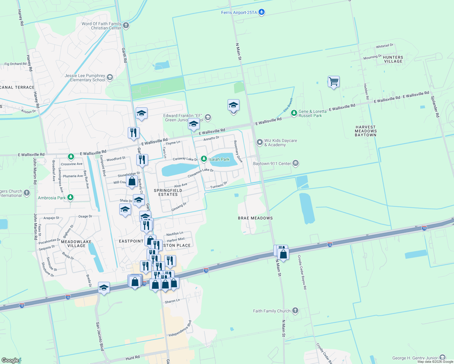 map of restaurants, bars, coffee shops, grocery stores, and more near 5722 Turmeric Drive in Baytown