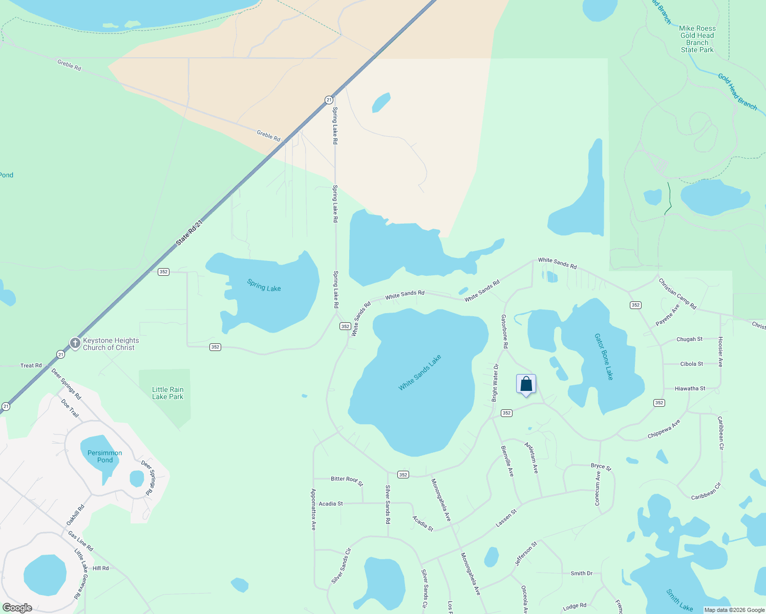 map of restaurants, bars, coffee shops, grocery stores, and more near 5939 White Sands Road in Keystone Heights