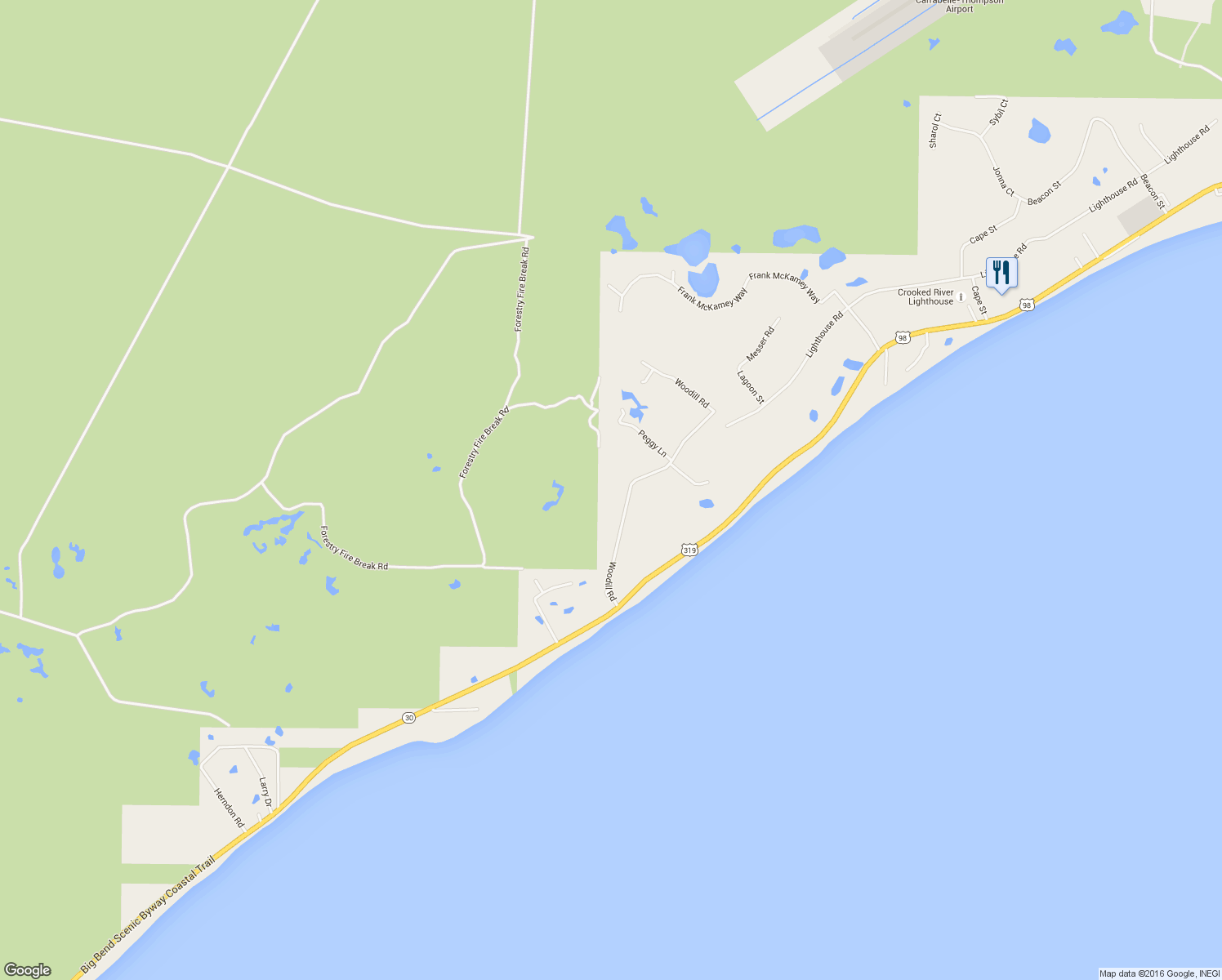 map of restaurants, bars, coffee shops, grocery stores, and more near 170 Woodill Road in Carrabelle