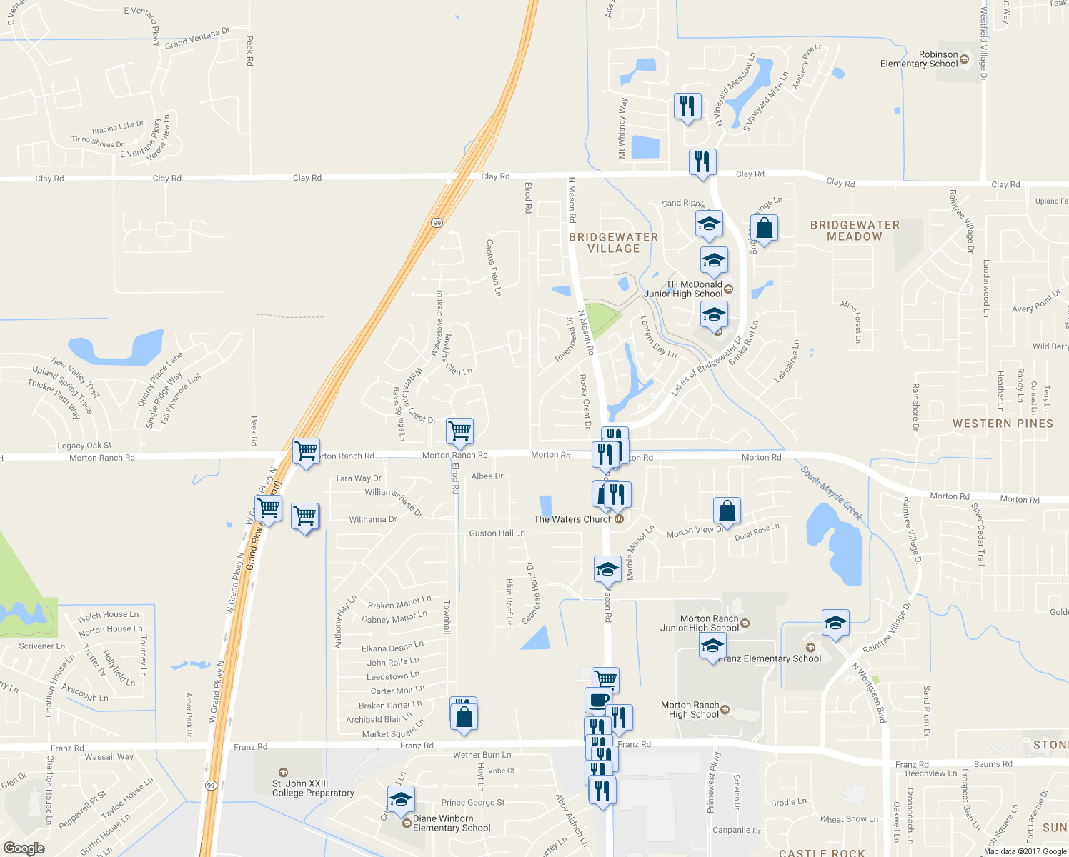 map of restaurants, bars, coffee shops, grocery stores, and more near 22142 Pearl Lake Drive in Katy