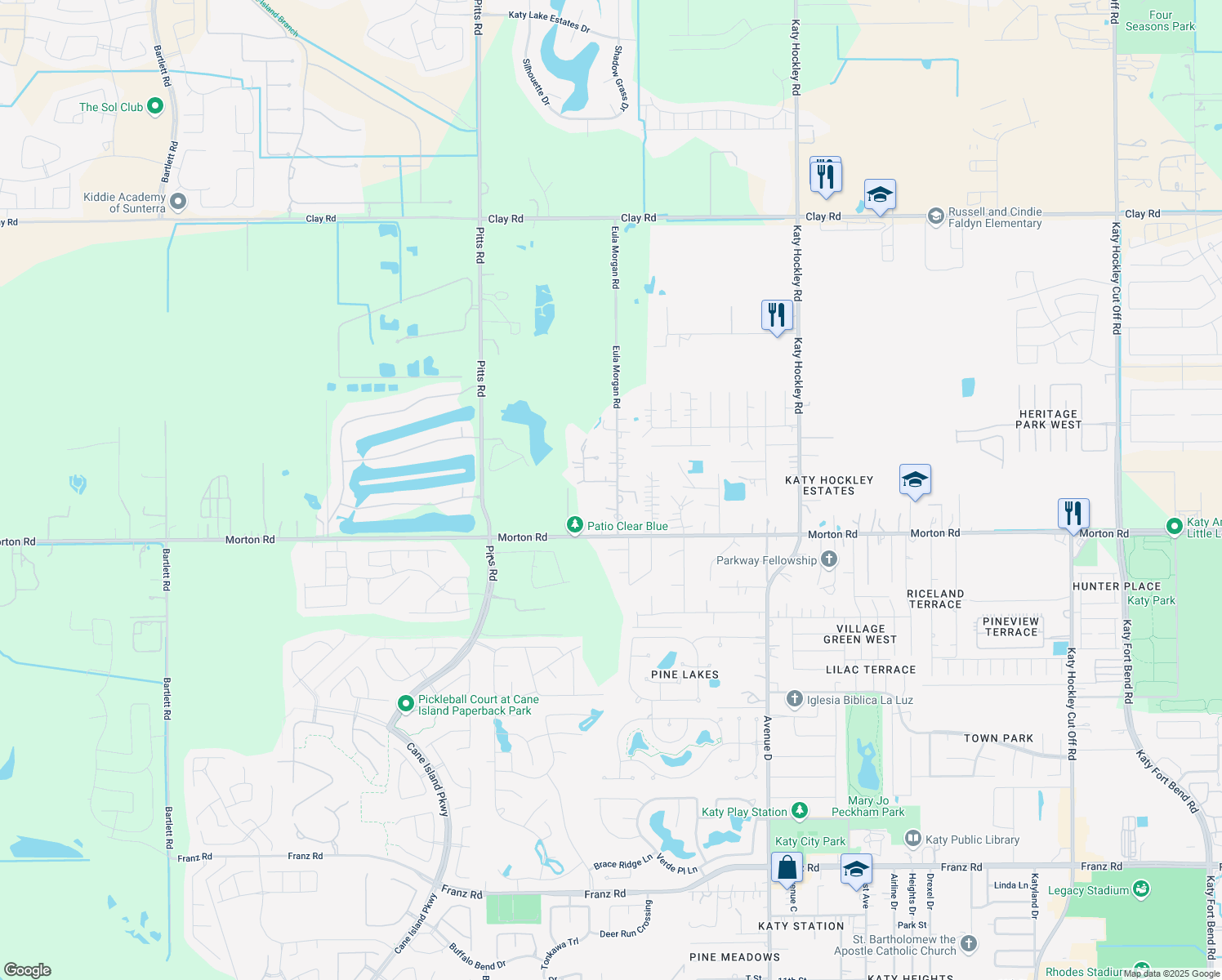 map of restaurants, bars, coffee shops, grocery stores, and more near 3115 Eula Morgan Road in Katy