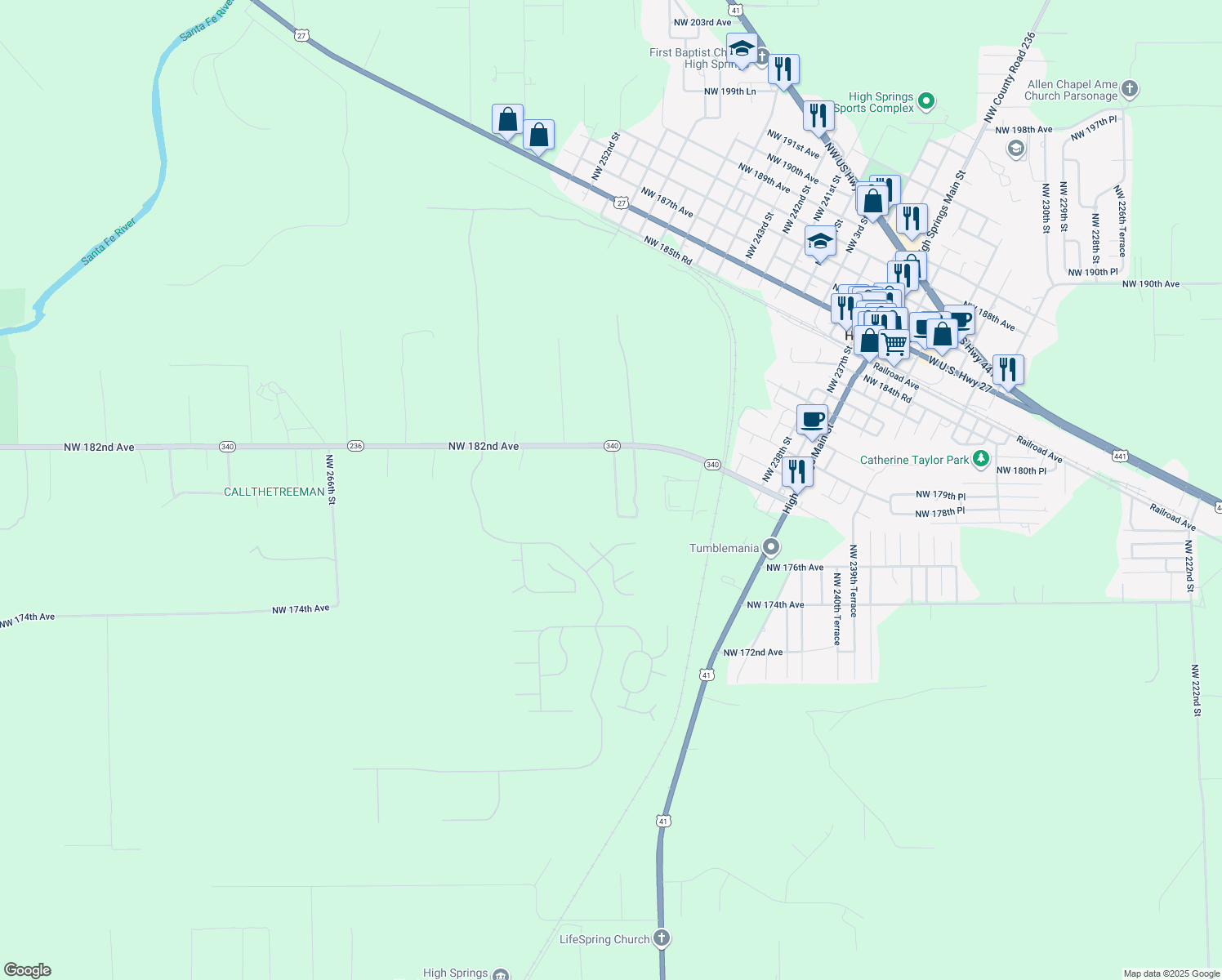 map of restaurants, bars, coffee shops, grocery stores, and more near 17984 South West Fairmount Street in High Springs