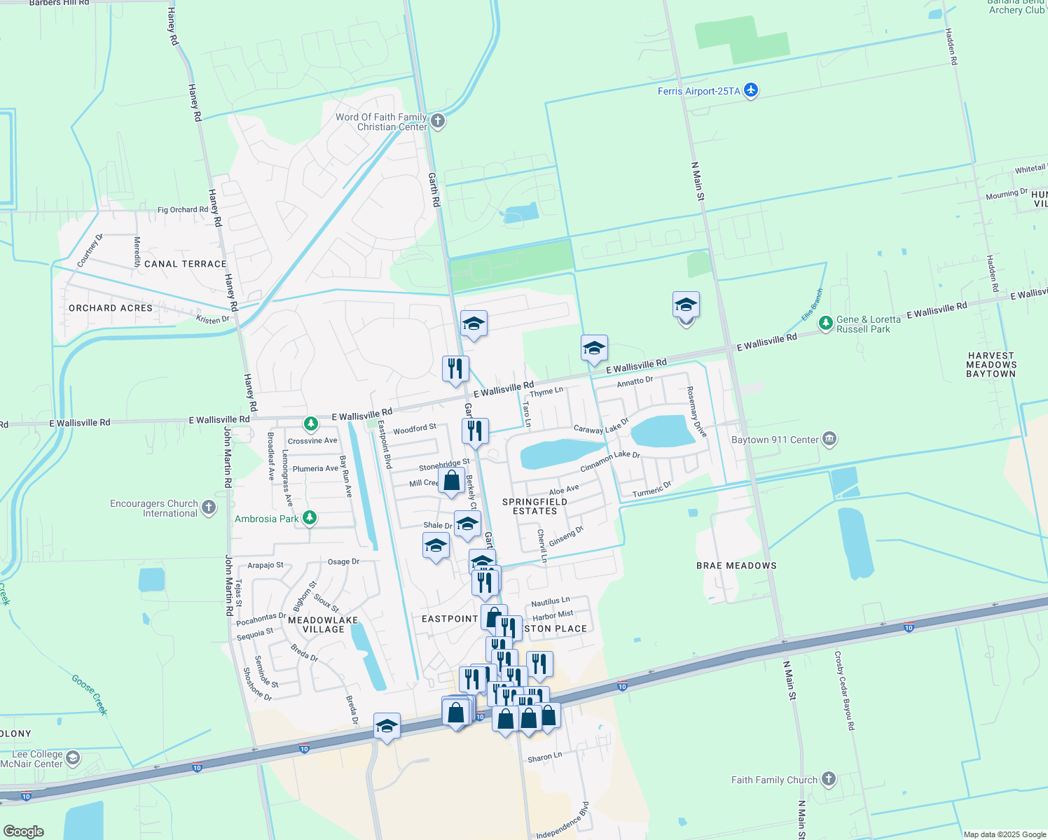 map of restaurants, bars, coffee shops, grocery stores, and more near 8315 Taro Ln in Baytown