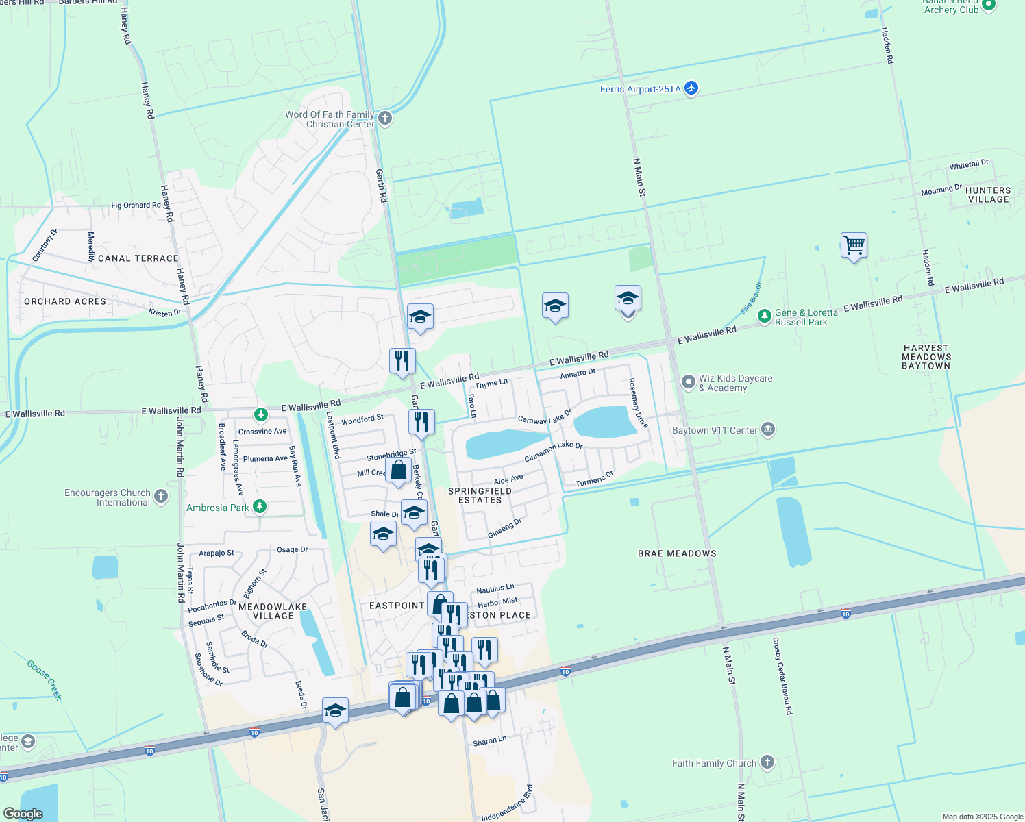 map of restaurants, bars, coffee shops, grocery stores, and more near 8307 Tarragon Lane in Baytown
