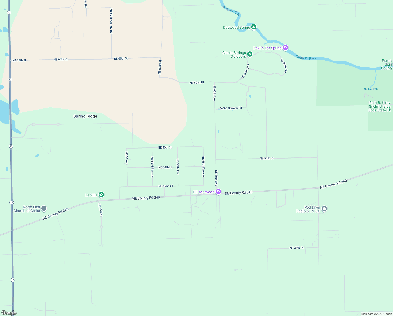 map of restaurants, bars, coffee shops, grocery stores, and more near 5539 Northeast 58th Terrace in High Springs