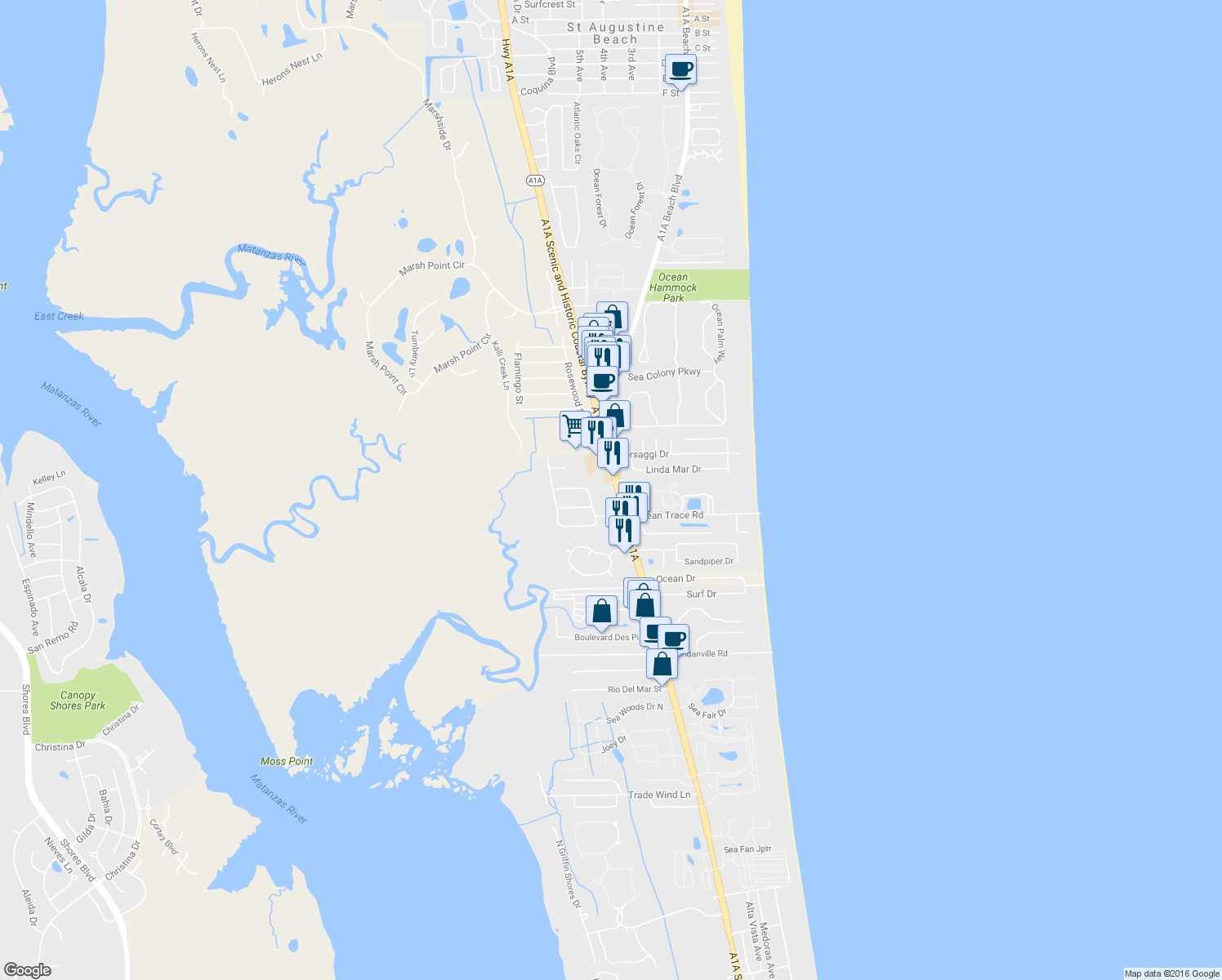 map of restaurants, bars, coffee shops, grocery stores, and more near 3955 A1A South in St. Augustine