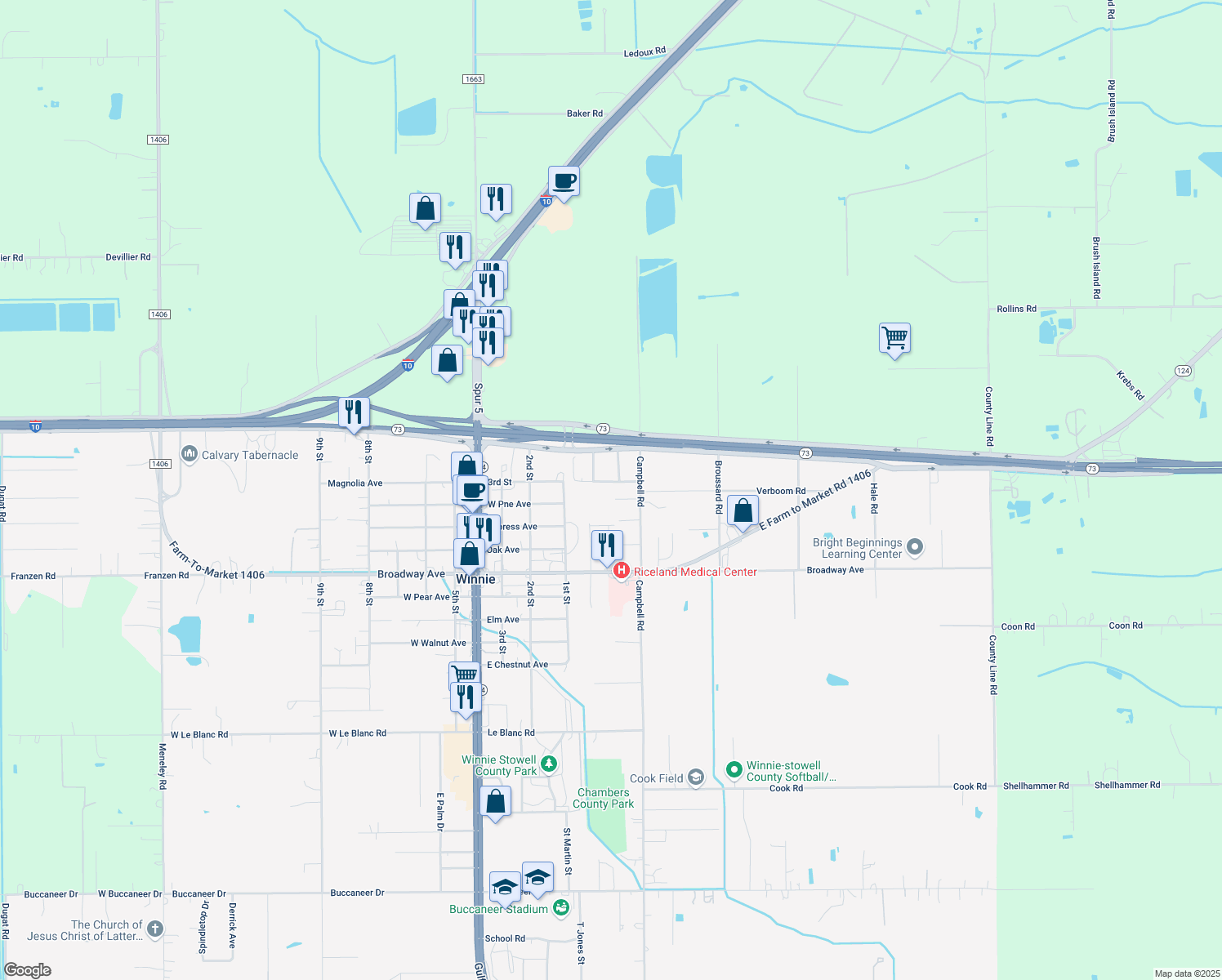 map of restaurants, bars, coffee shops, grocery stores, and more near 524 Stidham Street in Winnie