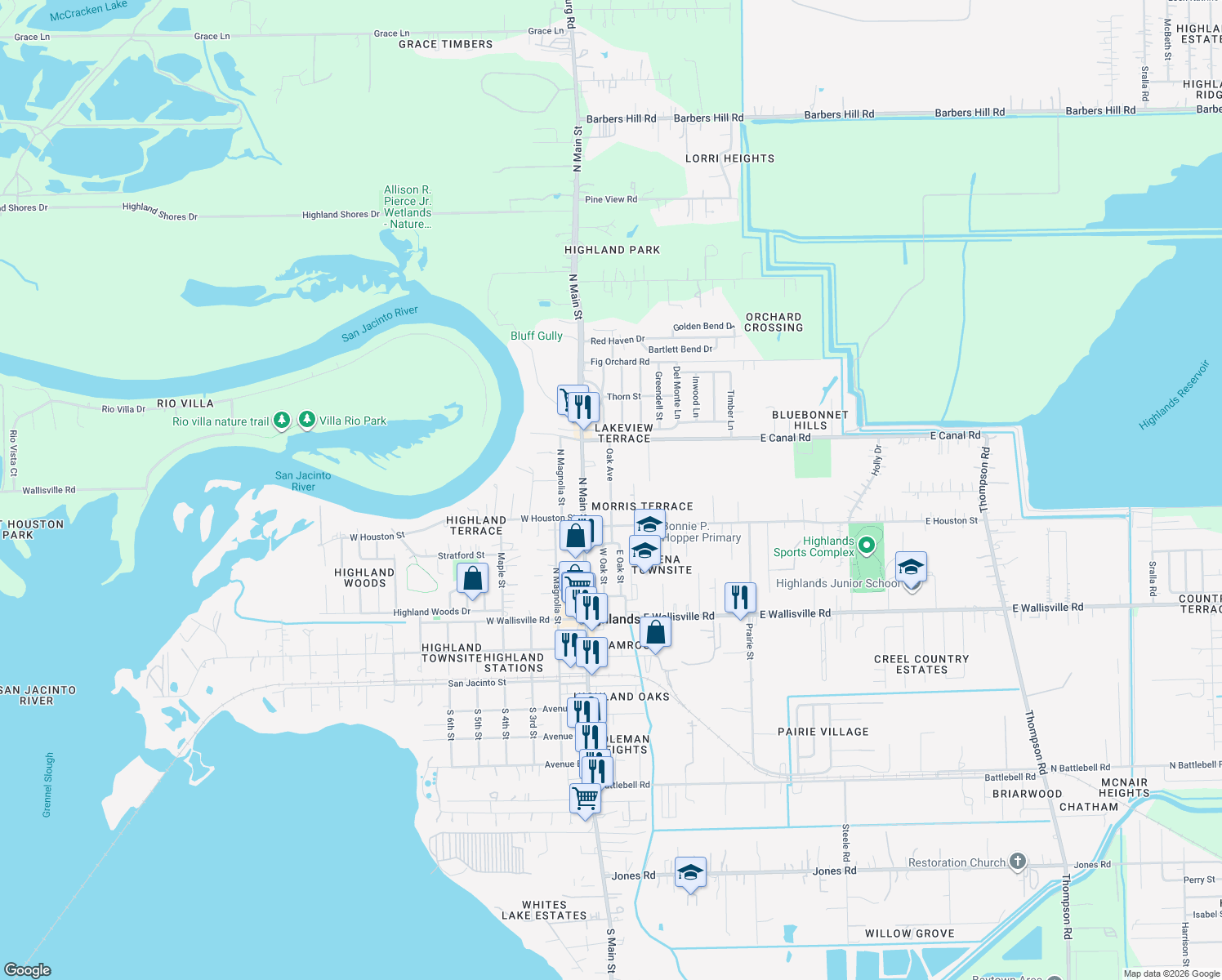 map of restaurants, bars, coffee shops, grocery stores, and more near 702 Oak Avenue in Highlands