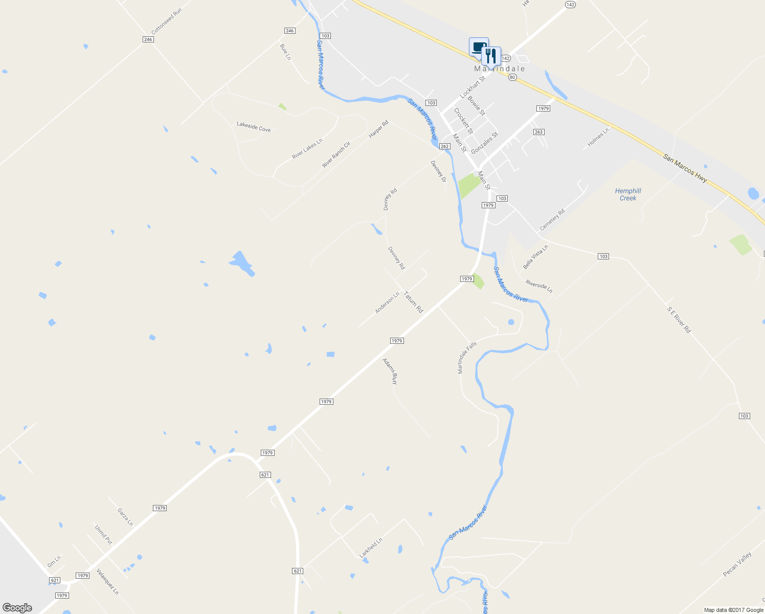 map of restaurants, bars, coffee shops, grocery stores, and more near 643 Anderson Lane in Martindale