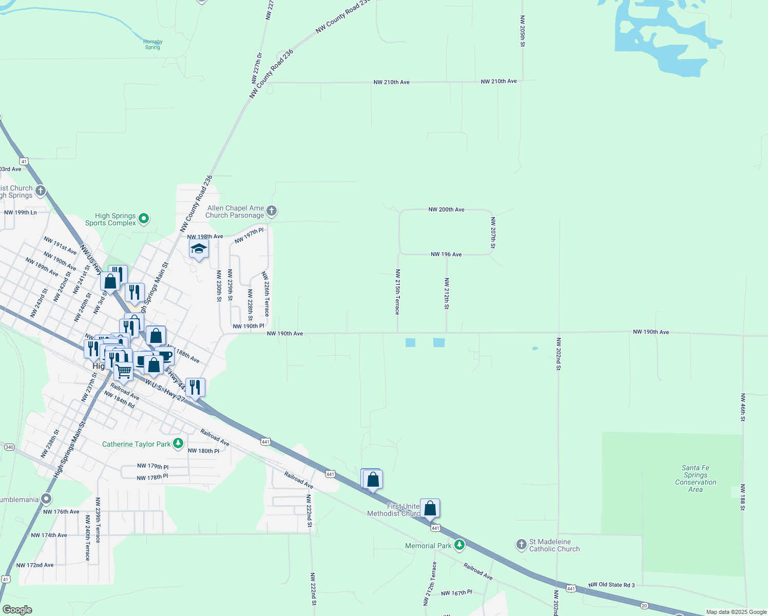 map of restaurants, bars, coffee shops, grocery stores, and more near 21668 Northwest 190 Avenue in High Springs