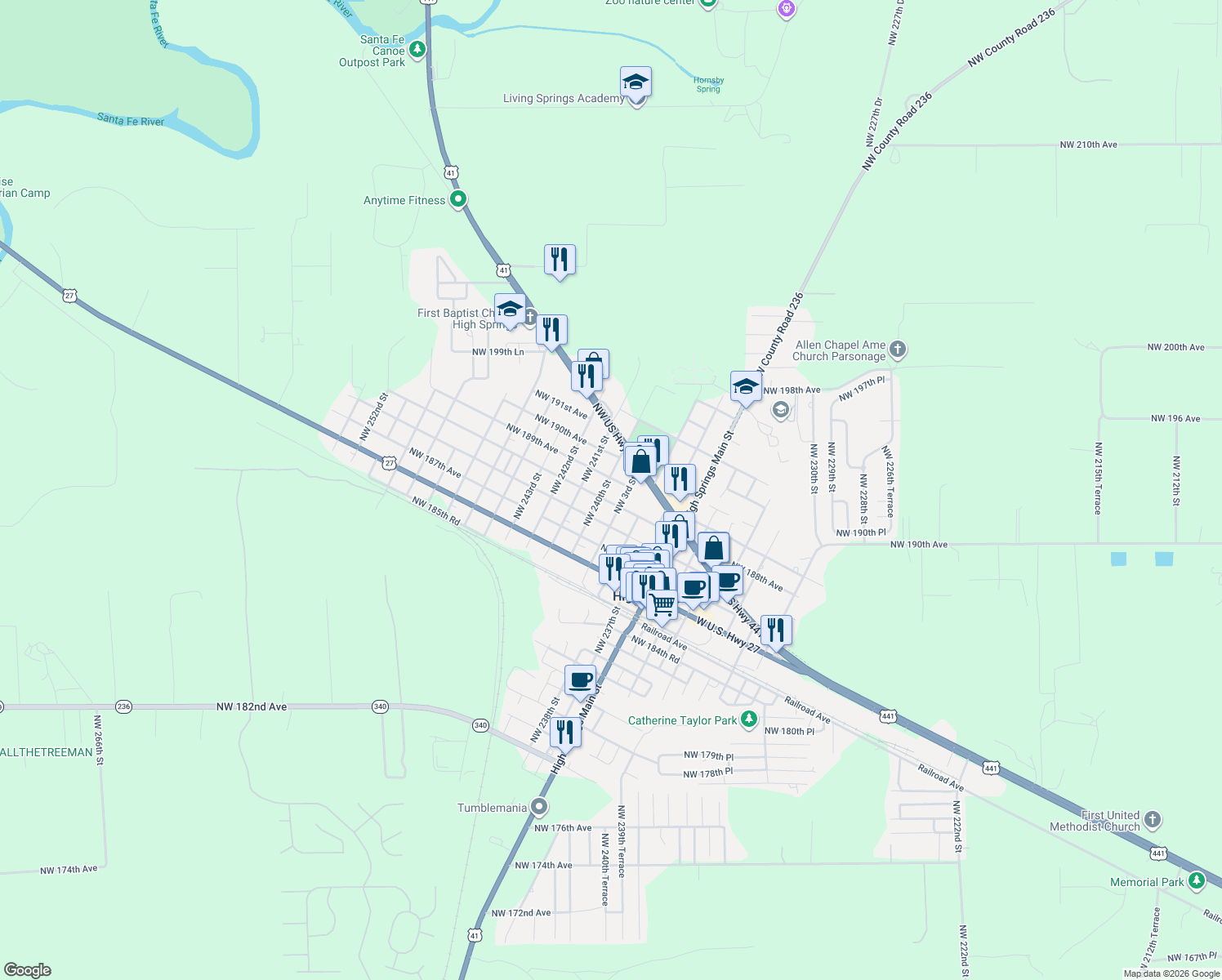 map of restaurants, bars, coffee shops, grocery stores, and more near 415 Northwest 4th Street in High Springs