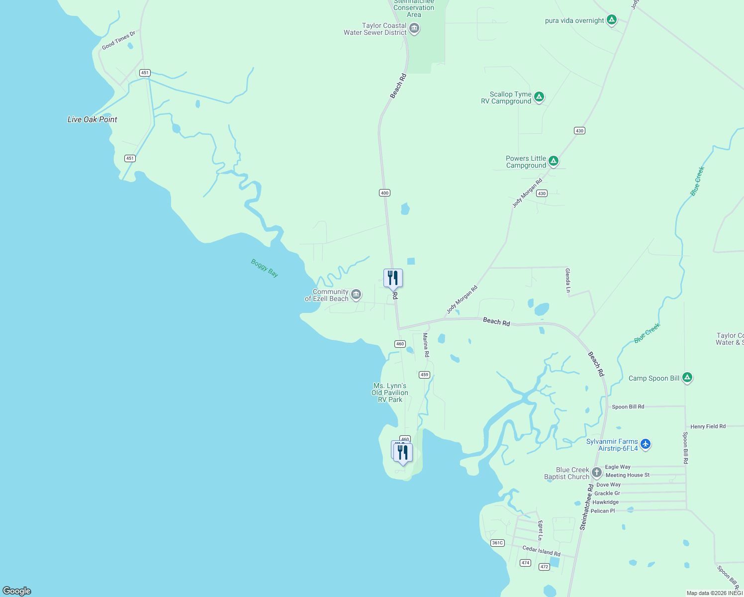 map of restaurants, bars, coffee shops, grocery stores, and more near 1510 Ezell Beach Road in Perry