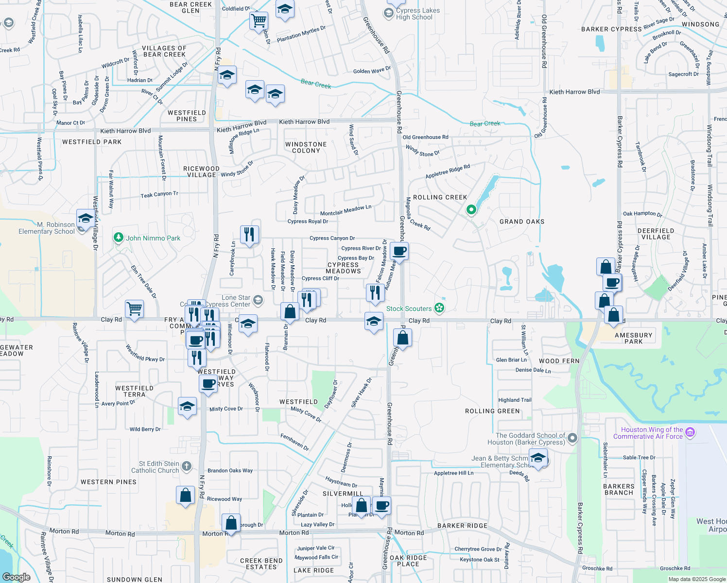 map of restaurants, bars, coffee shops, grocery stores, and more near 19223 Cypress Arbor Drive in Katy