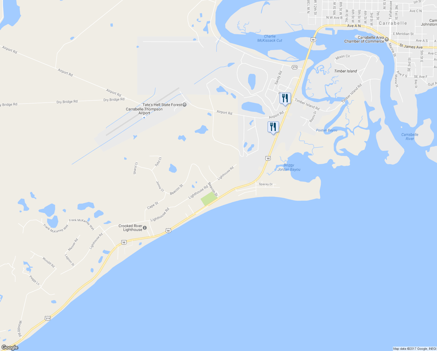 map of restaurants, bars, coffee shops, grocery stores, and more near 1805 Lighthouse Road in Carrabelle