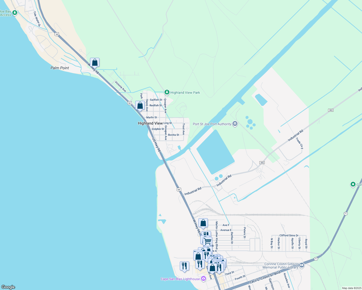 map of restaurants, bars, coffee shops, grocery stores, and more near 464 Angel Fish Street in Port Saint Joe