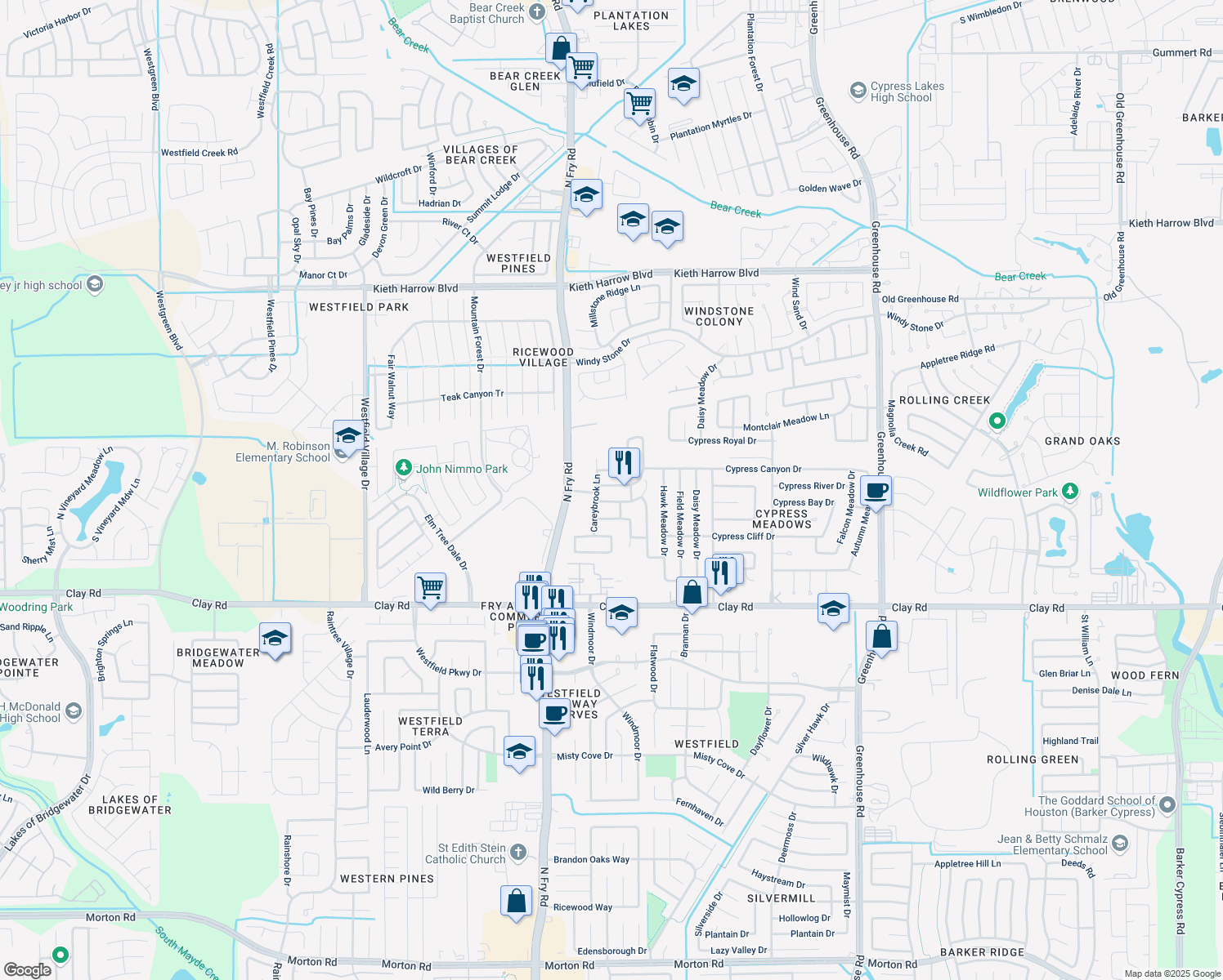 map of restaurants, bars, coffee shops, grocery stores, and more near 19919 Owens Trace Ln in Katy