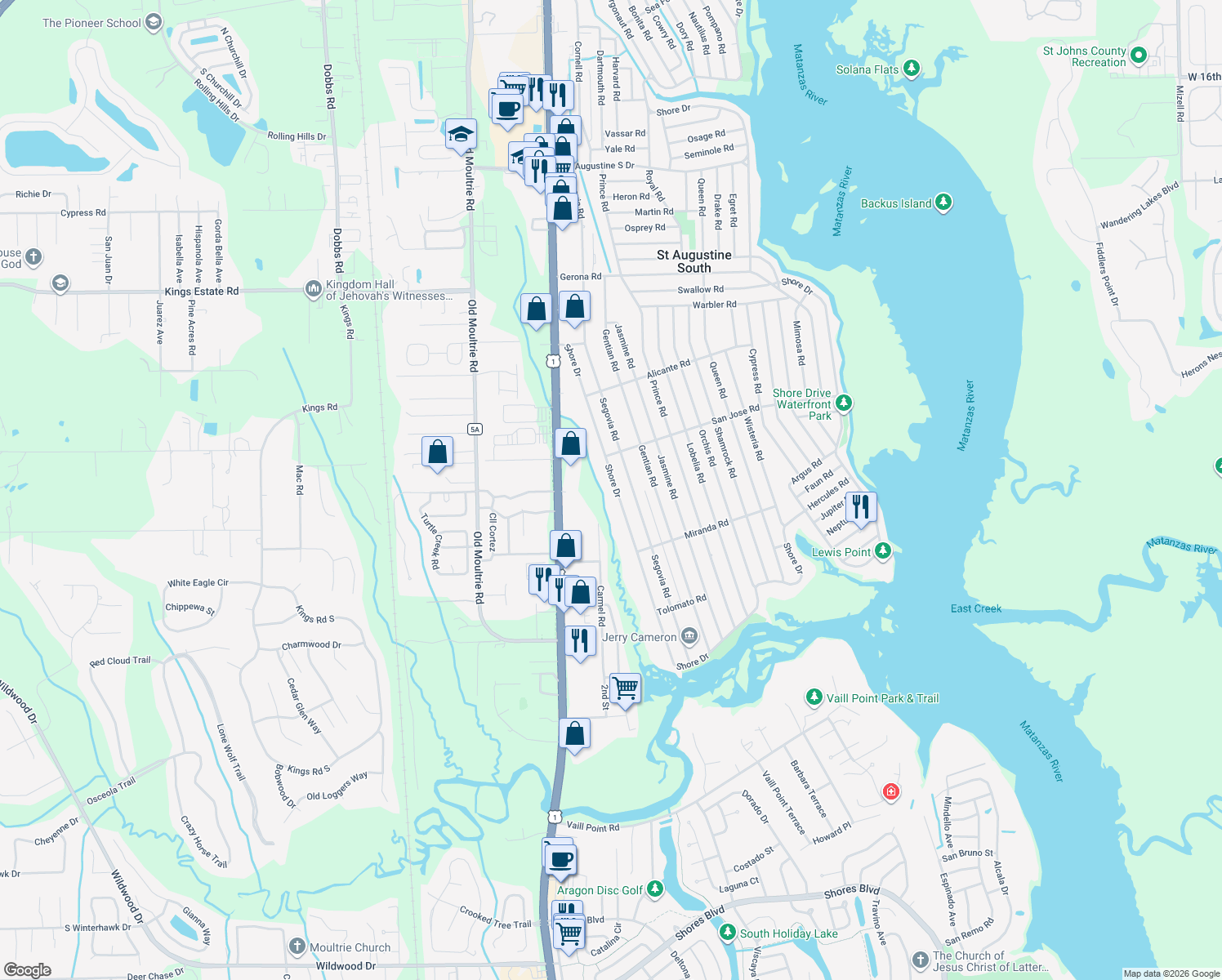 map of restaurants, bars, coffee shops, grocery stores, and more near 5251 Shore Drive in St. Augustine