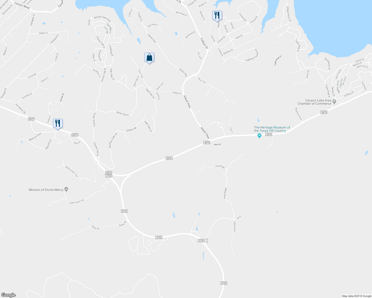 map of restaurants, bars, coffee shops, grocery stores, and more near 5622 Farm to Market Road 2673 in Canyon Lake