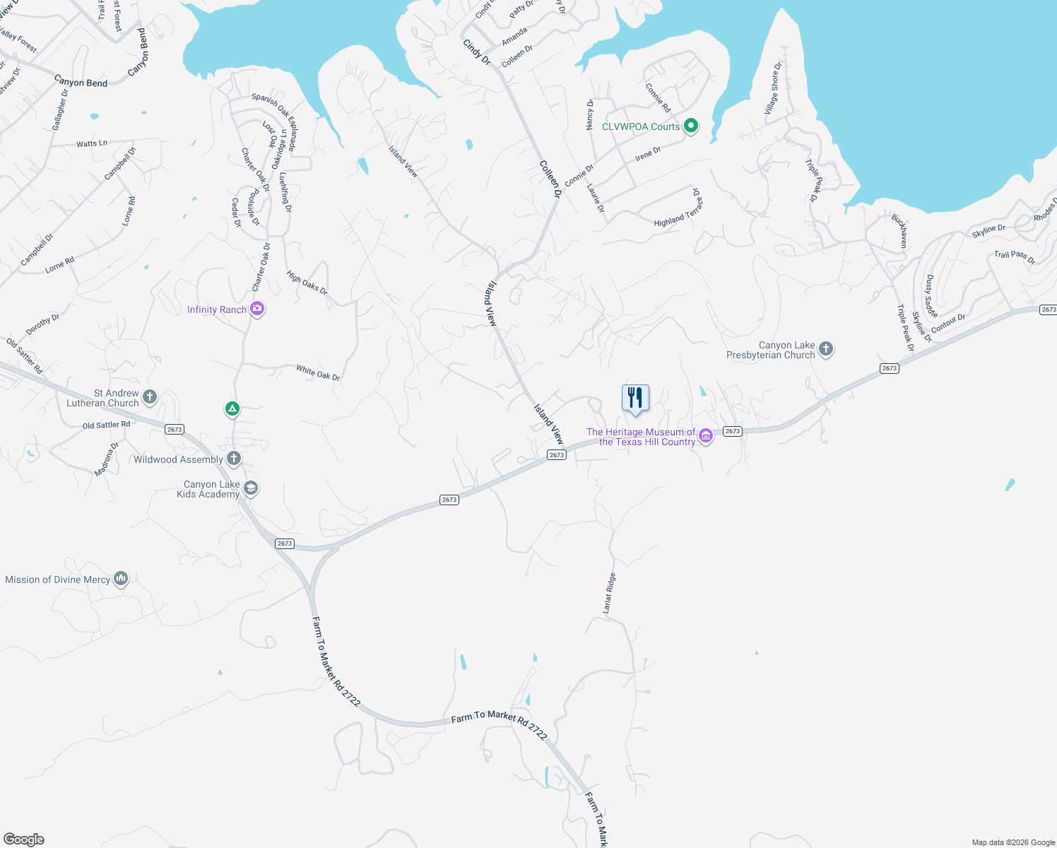 map of restaurants, bars, coffee shops, grocery stores, and more near 503-501 Damar Lane in Canyon Lake