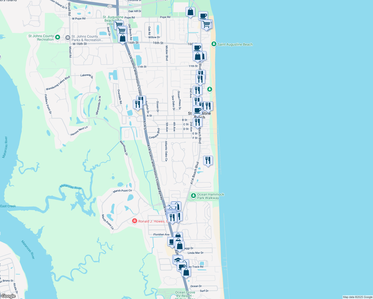 map of restaurants, bars, coffee shops, grocery stores, and more near 604 Seagrape Circle in St. Augustine