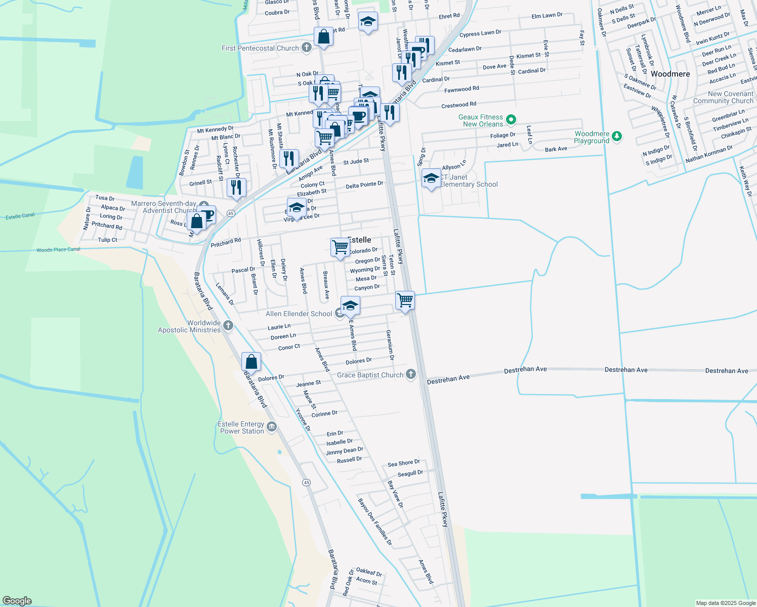 map of restaurants, bars, coffee shops, grocery stores, and more near 2524 Misty Meadows Drive in Marrero