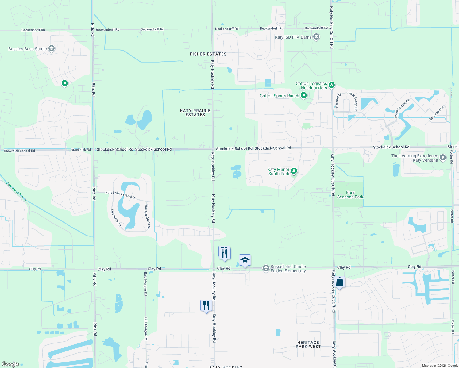 map of restaurants, bars, coffee shops, grocery stores, and more near 4800 Katy Hockley Road in Katy