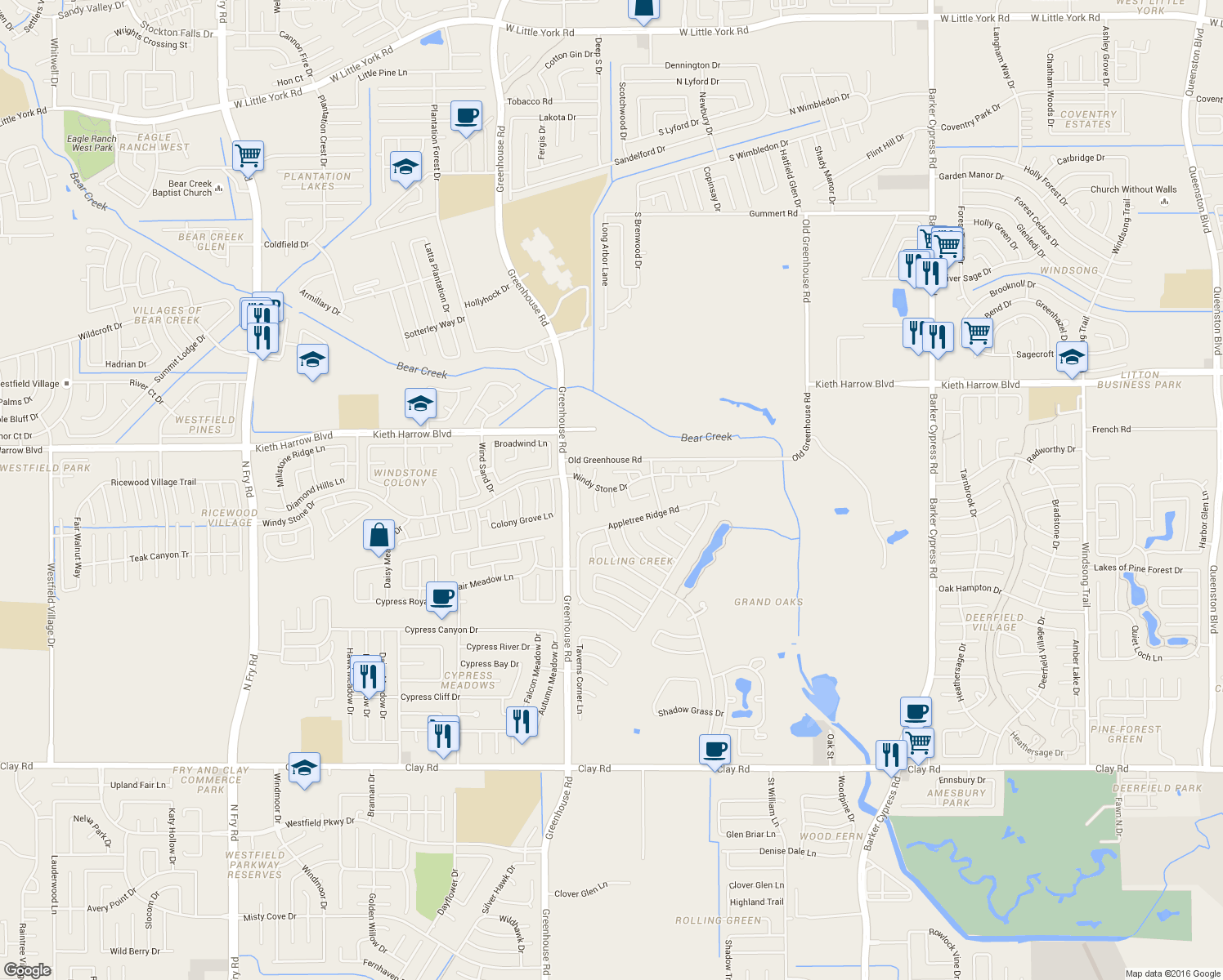 map of restaurants, bars, coffee shops, grocery stores, and more near 18503 Windy Stone Drive in Houston