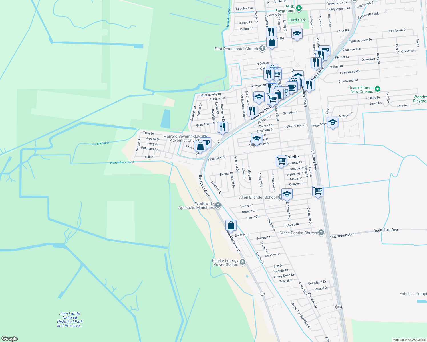 map of restaurants, bars, coffee shops, grocery stores, and more near 3933 Acadian Court in Marrero