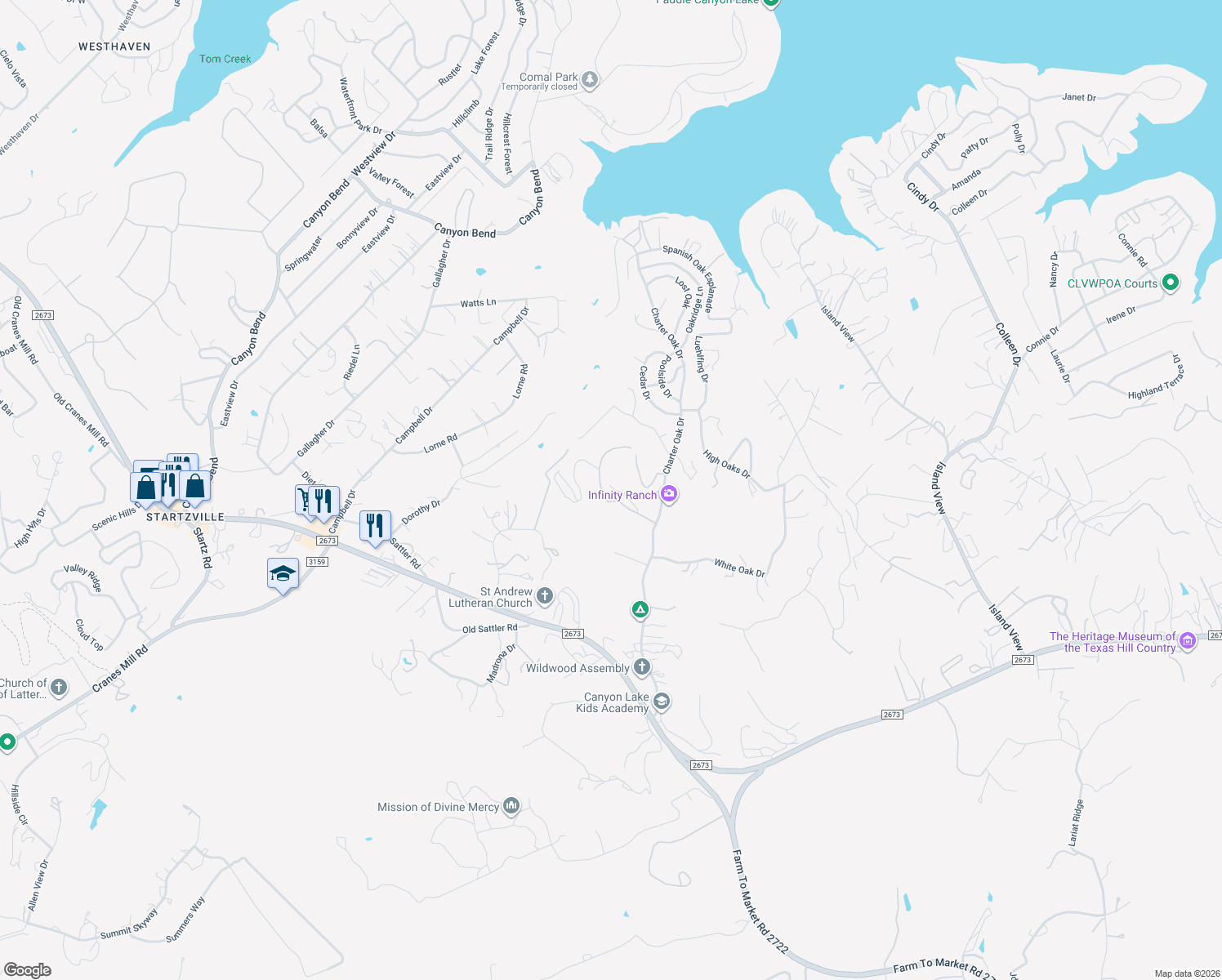 map of restaurants, bars, coffee shops, grocery stores, and more near 861 Charter Oak Drive in Canyon Lake