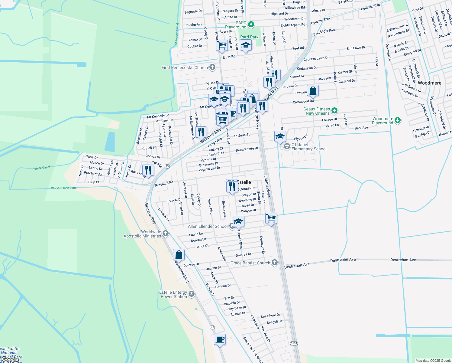 map of restaurants, bars, coffee shops, grocery stores, and more near 2729 Marisha Court in Marrero