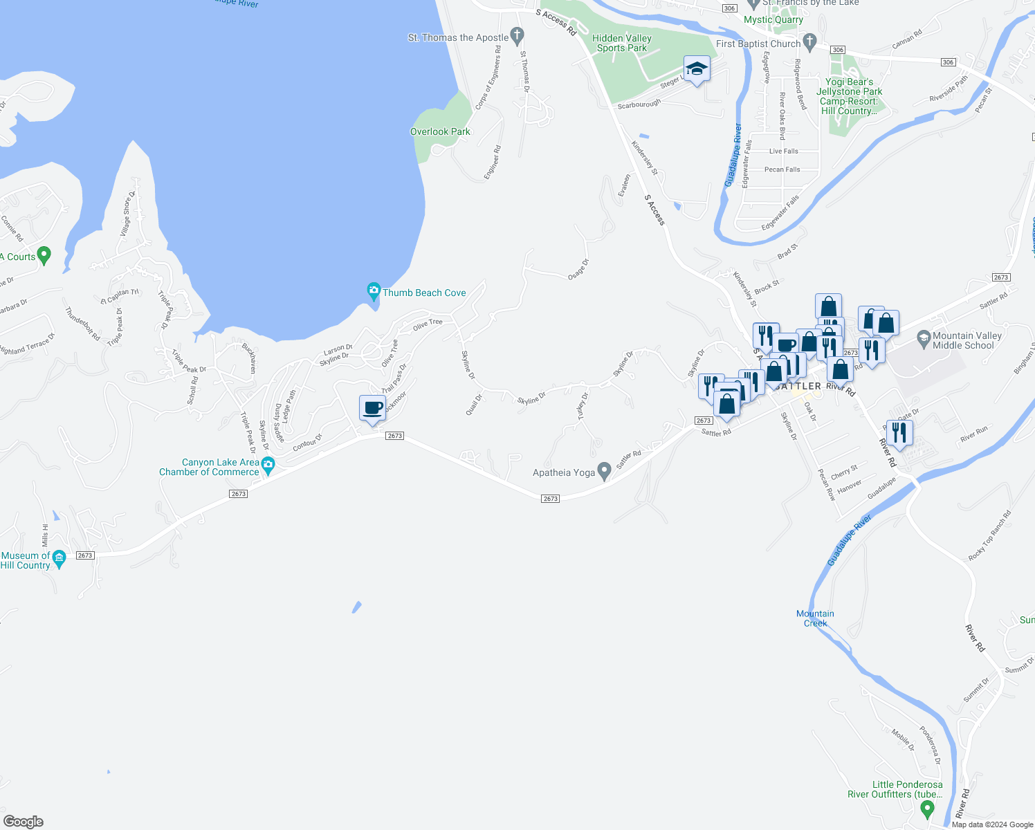 map of restaurants, bars, coffee shops, grocery stores, and more near 2100 Skyline Drive in Canyon Lake