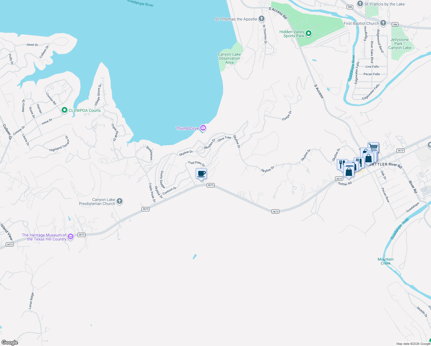 map of restaurants, bars, coffee shops, grocery stores, and more near 1362 Rockmoor in Canyon Lake