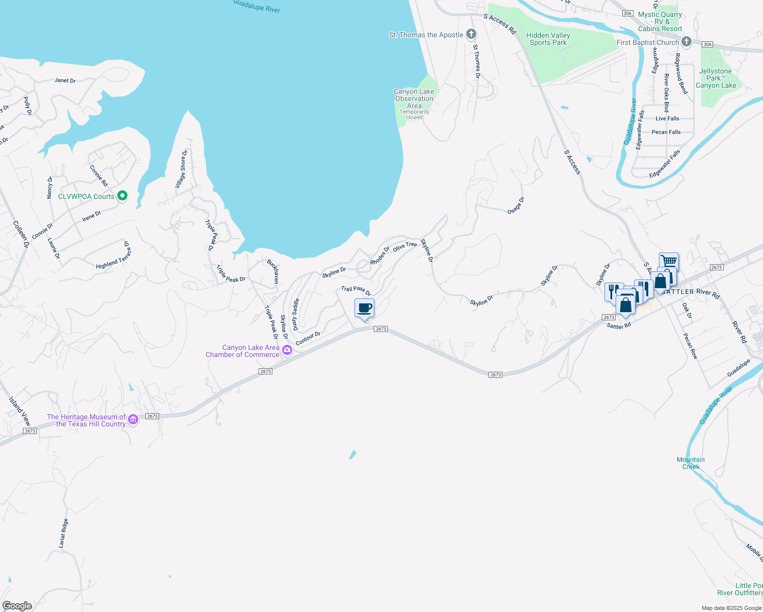 map of restaurants, bars, coffee shops, grocery stores, and more near 1362 Rockmoor in Canyon Lake