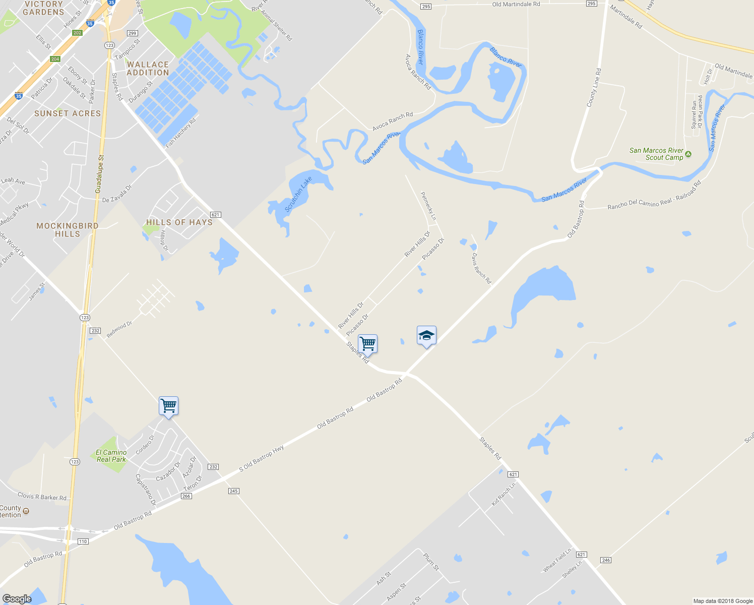 map of restaurants, bars, coffee shops, grocery stores, and more near 313 Picasso Drive in San Marcos