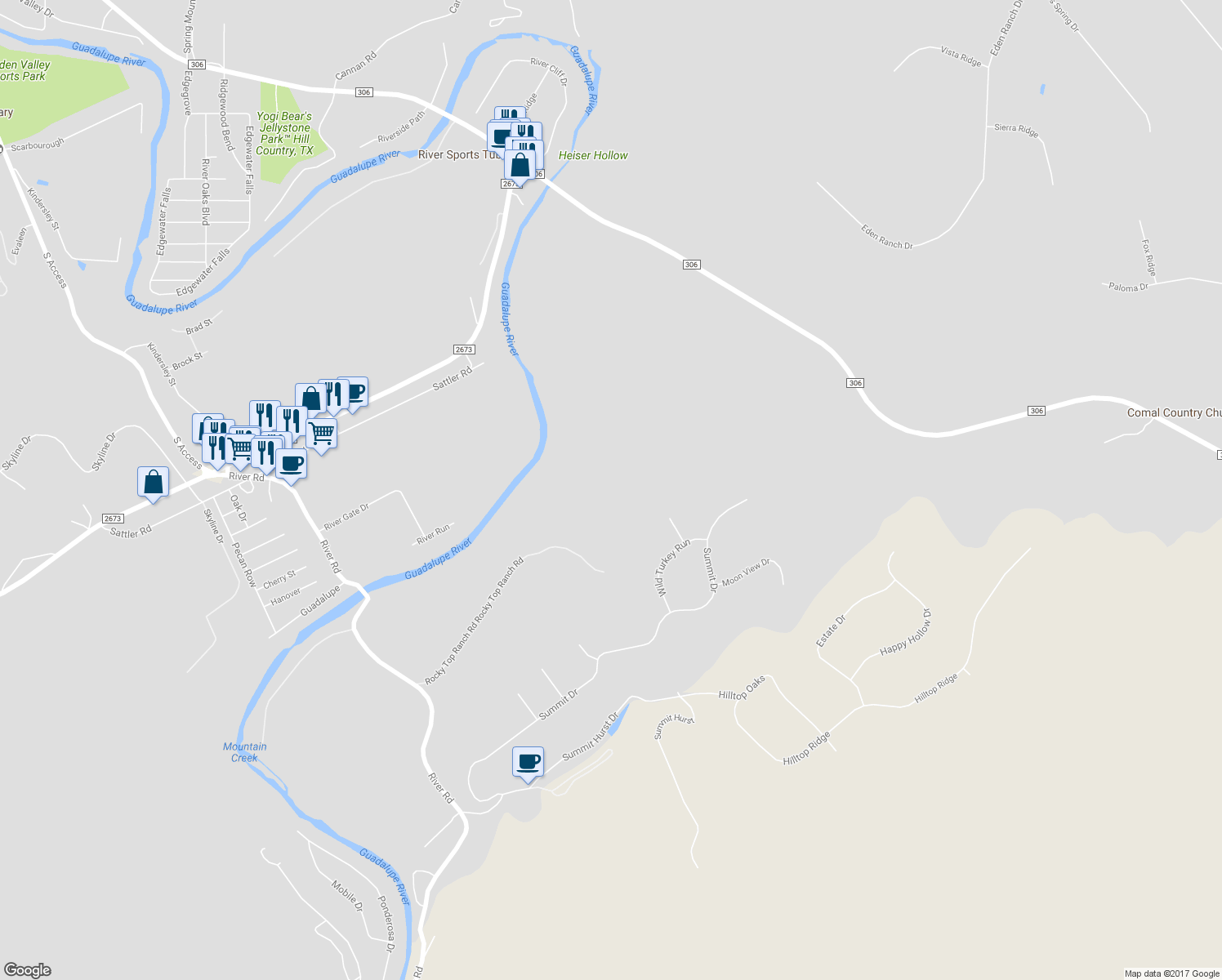 map of restaurants, bars, coffee shops, grocery stores, and more near 13540 River Road in New Braunfels