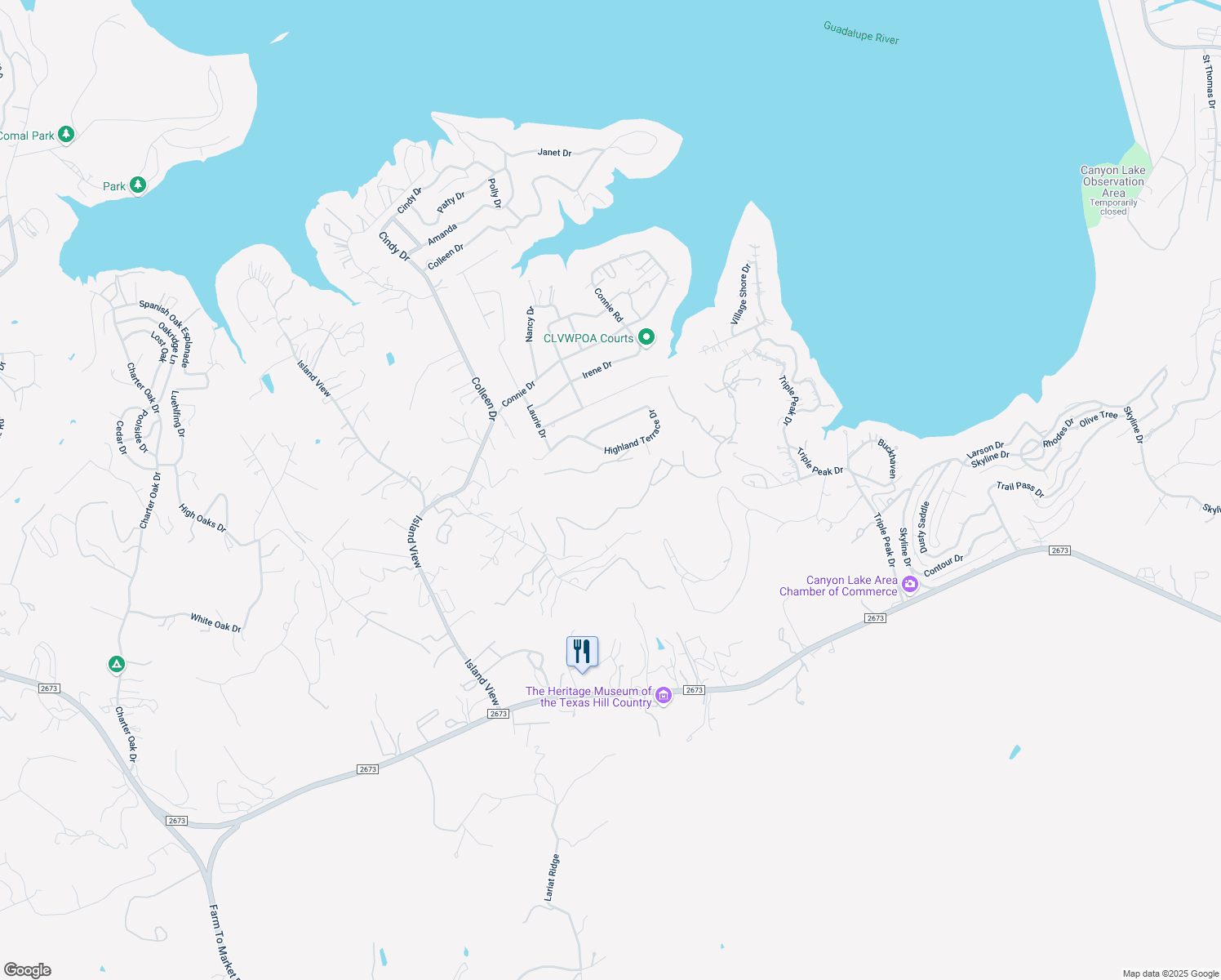 map of restaurants, bars, coffee shops, grocery stores, and more near 880 Highland Terrace Drive in Canyon Lake