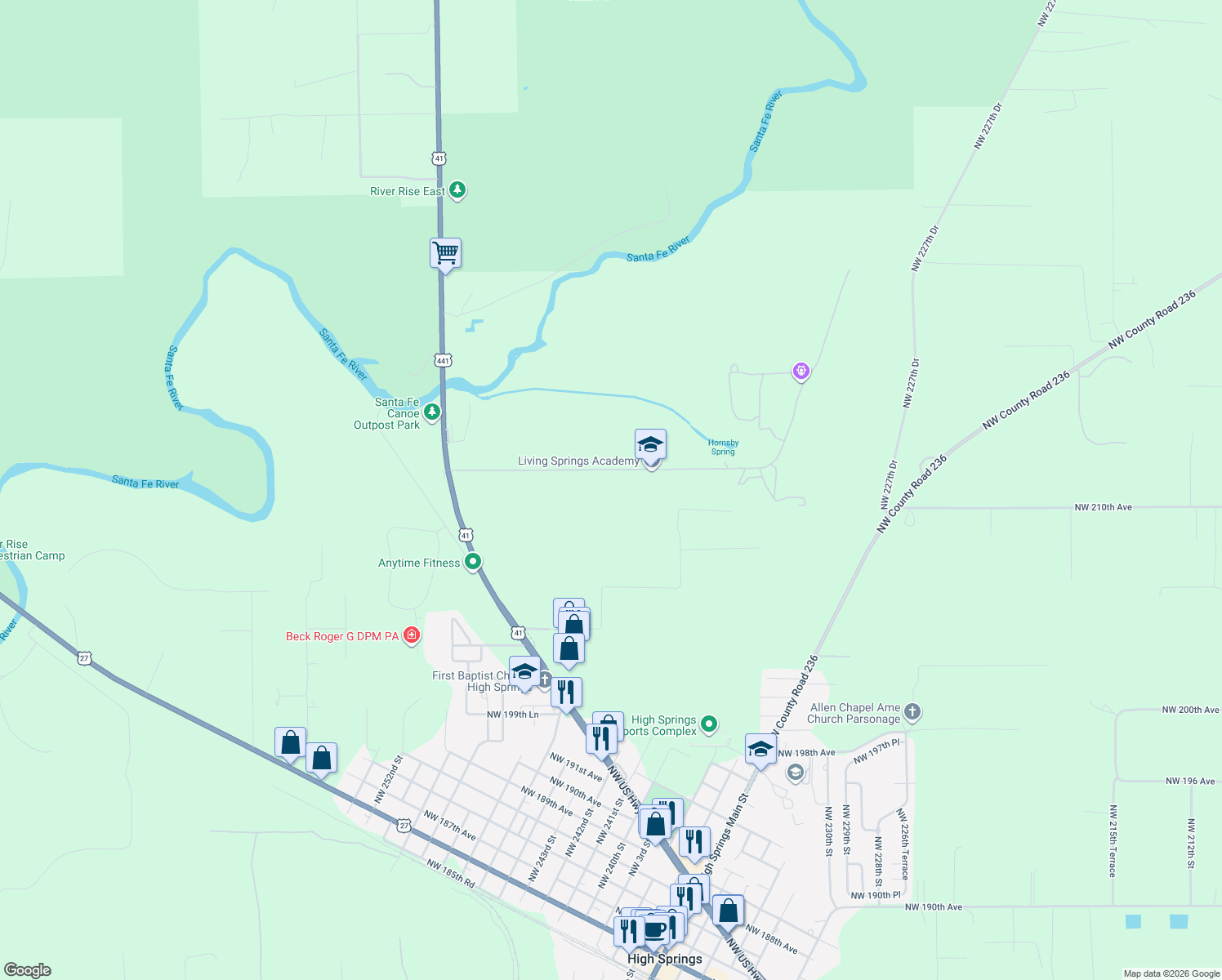 map of restaurants, bars, coffee shops, grocery stores, and more near 23901 Northwest 212 Avenue in High Springs