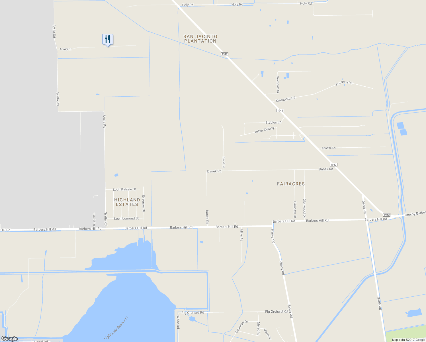 map of restaurants, bars, coffee shops, grocery stores, and more near 3805 Danek Road in Crosby