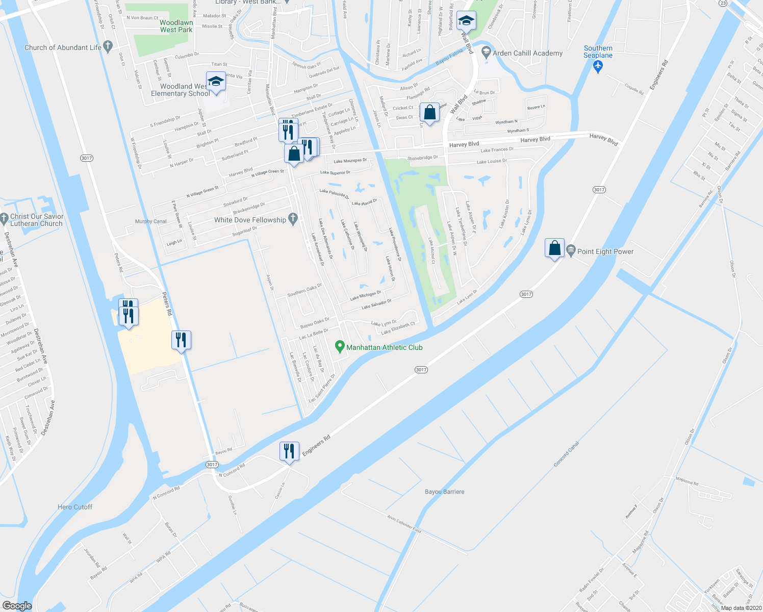 map of restaurants, bars, coffee shops, grocery stores, and more near 1708 Lake Salvador Drive in Harvey