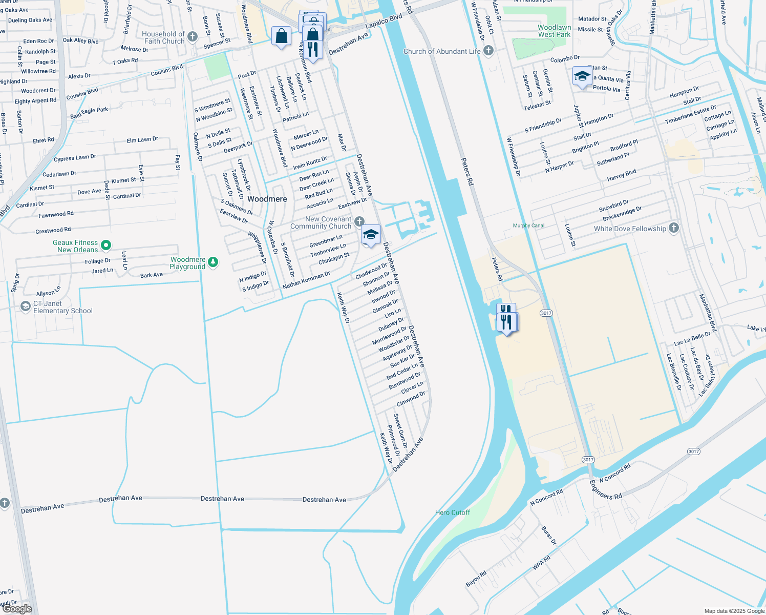 map of restaurants, bars, coffee shops, grocery stores, and more near 3733 Glenoak Drive in Harvey