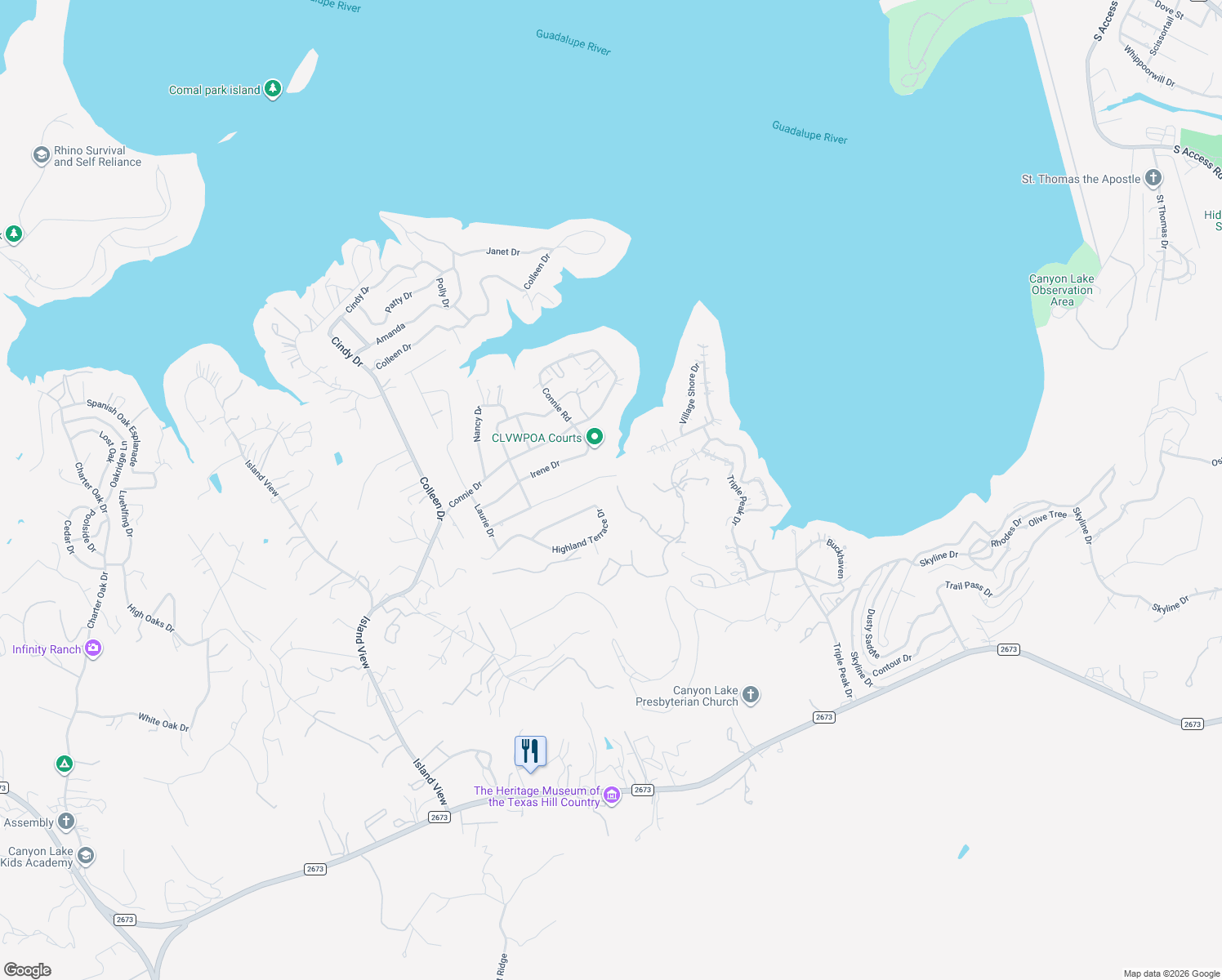 map of restaurants, bars, coffee shops, grocery stores, and more near 1010 Barbara Drive in Canyon Lake