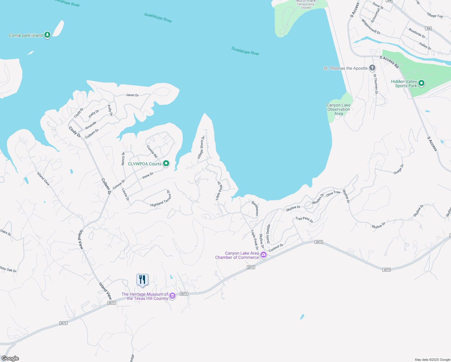 map of restaurants, bars, coffee shops, grocery stores, and more near 1175 O C Trout Drive in Canyon Lake