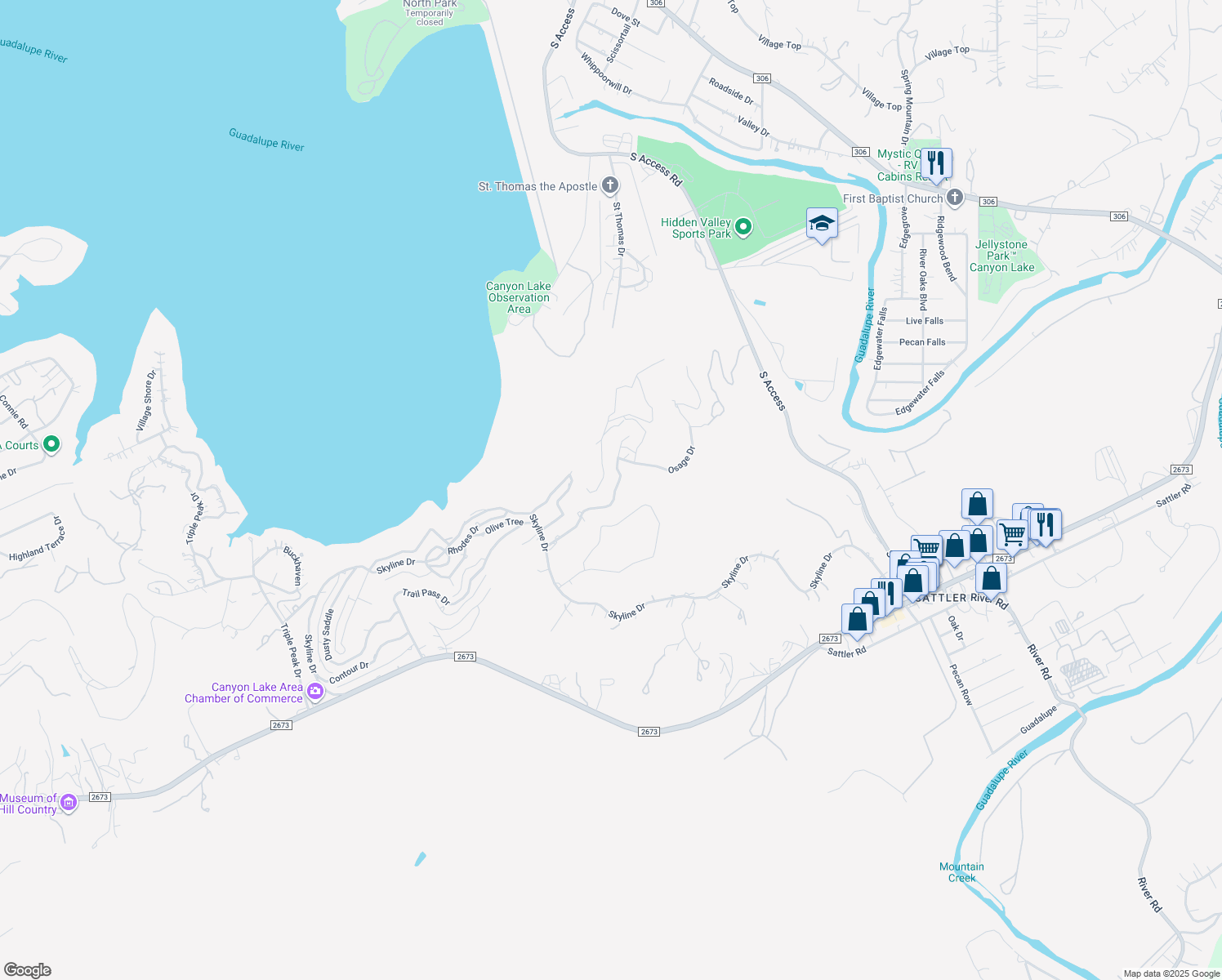 map of restaurants, bars, coffee shops, grocery stores, and more near 803 Ramblewood Drive in Canyon Lake