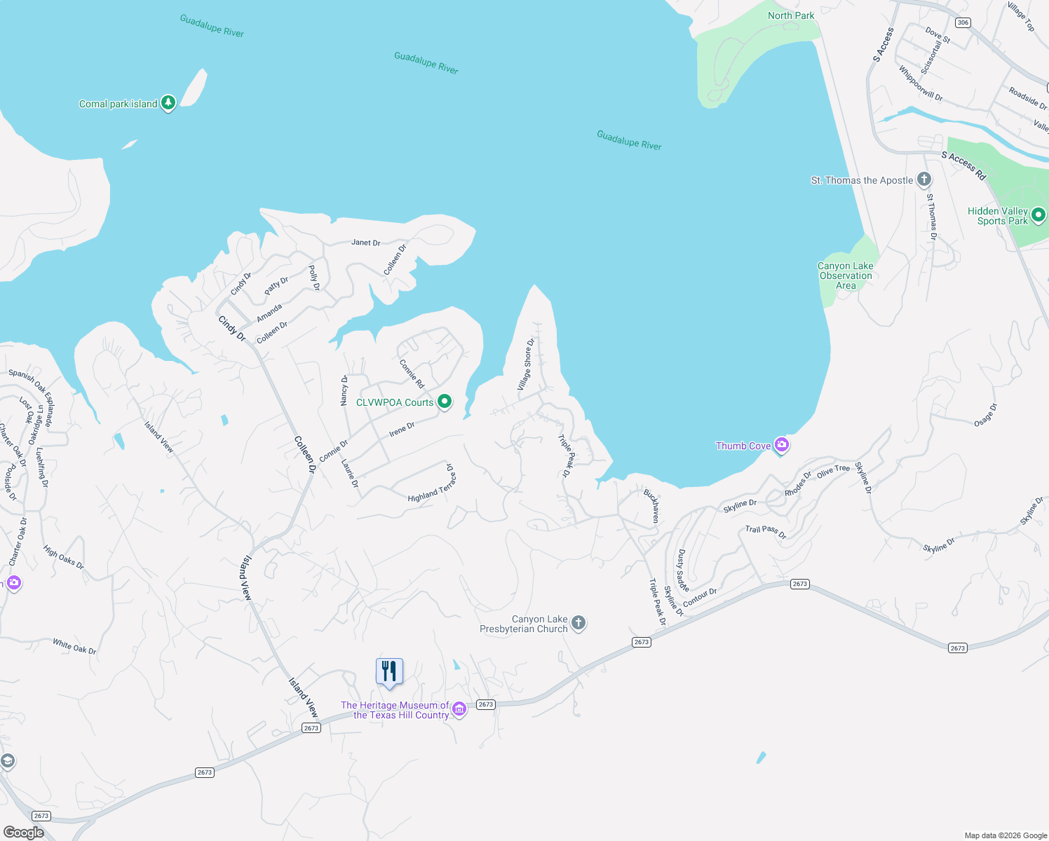 map of restaurants, bars, coffee shops, grocery stores, and more near 2318 Triple Peak Drive in Canyon Lake