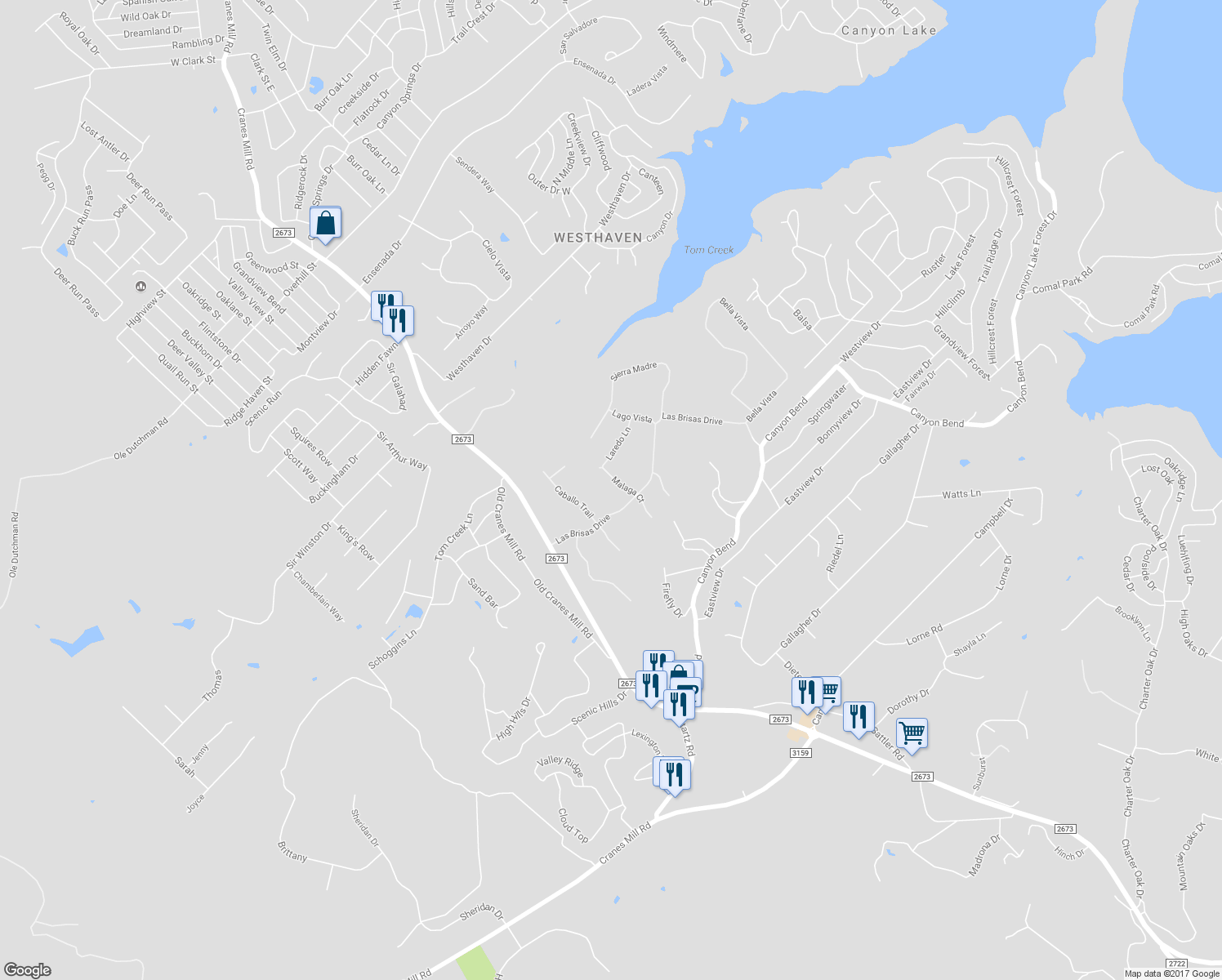 map of restaurants, bars, coffee shops, grocery stores, and more near 711 Malaga Court in Canyon Lake